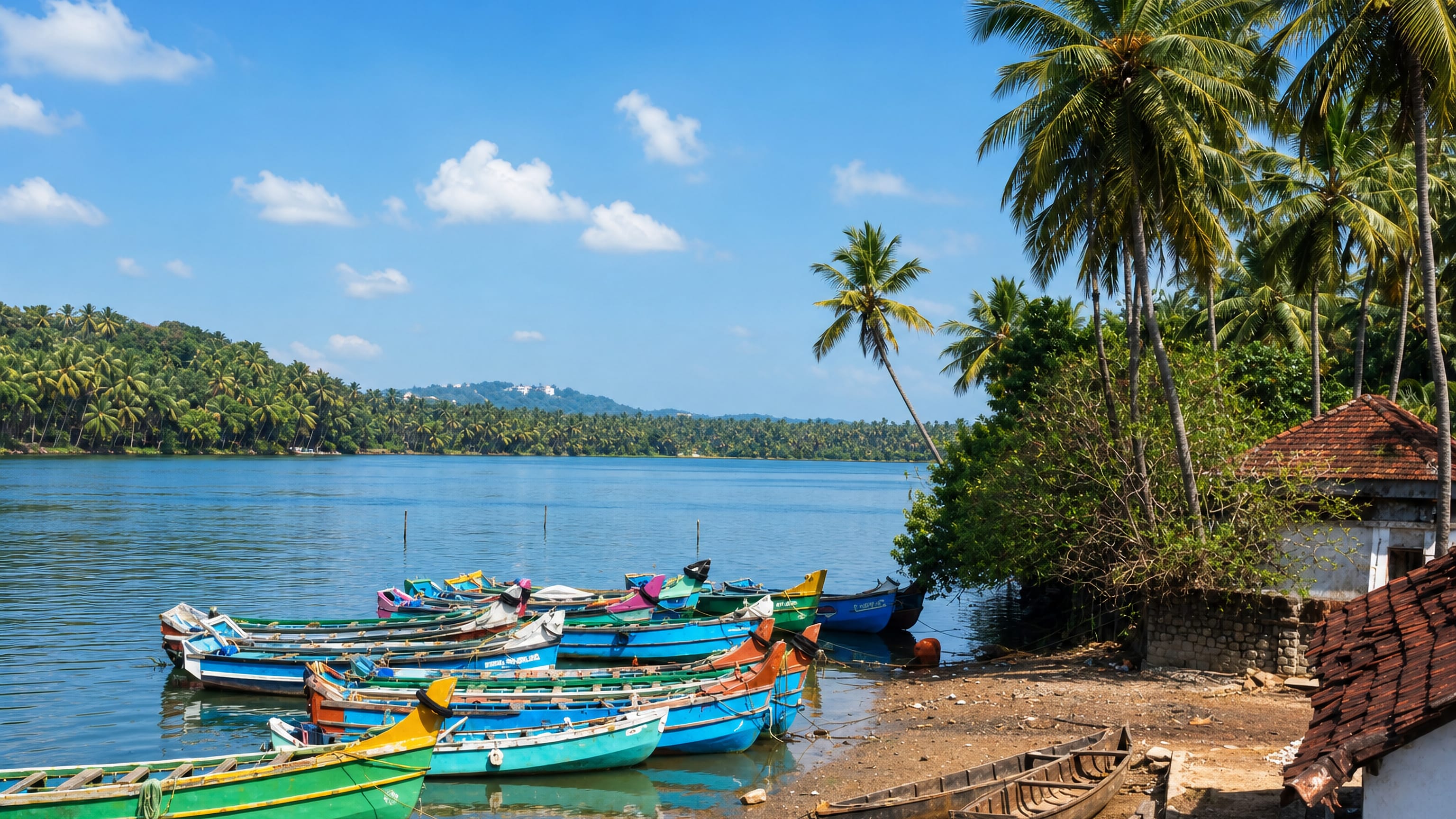 Colourful wooden fishing boats moored on a palm-lined backwater at Badagara, Kerala, beside a tiled-roof house.