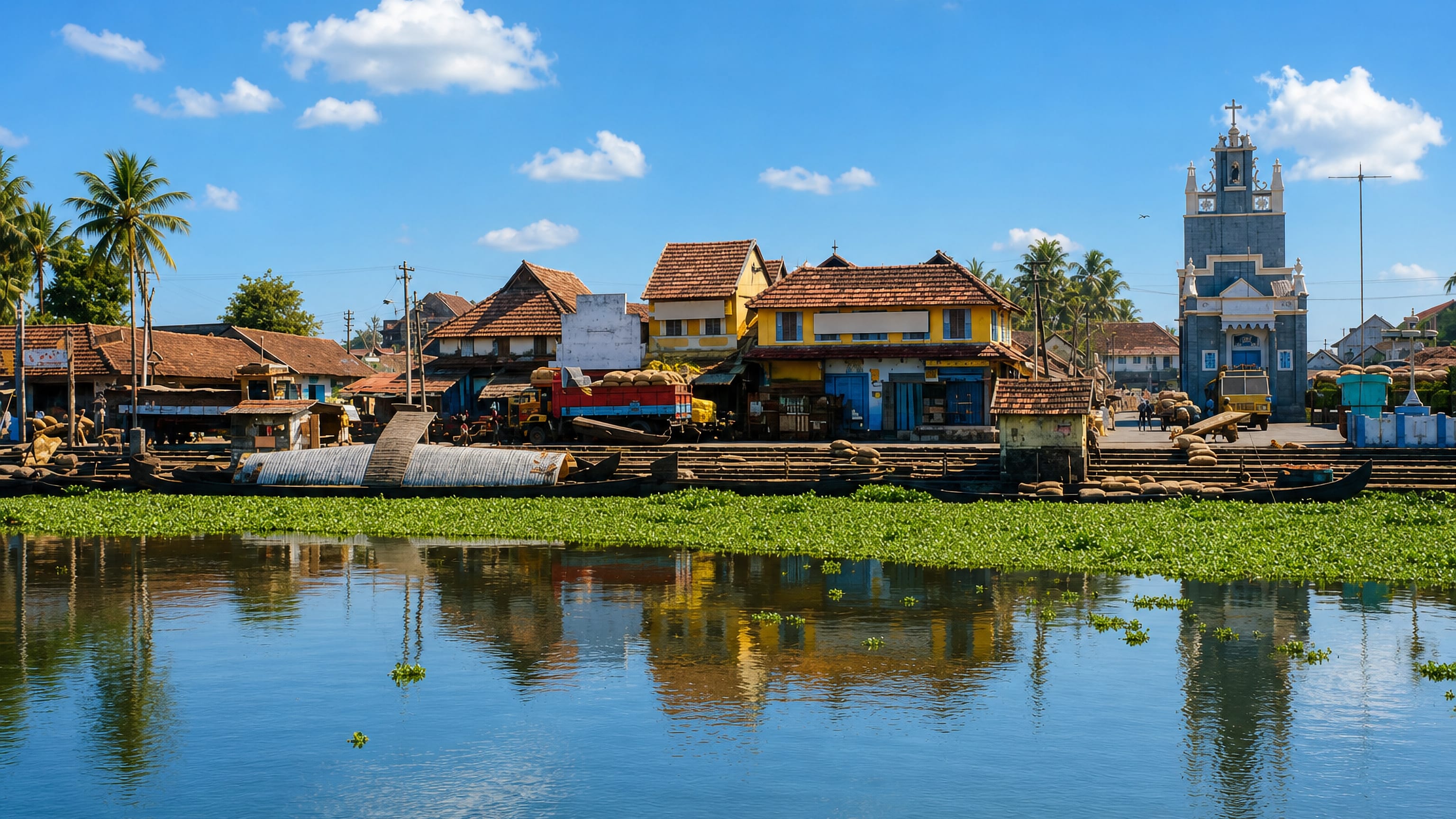Tiled-roof shops, cargo boats and a church tower along a backwater landing at Changanacheri, Kerala