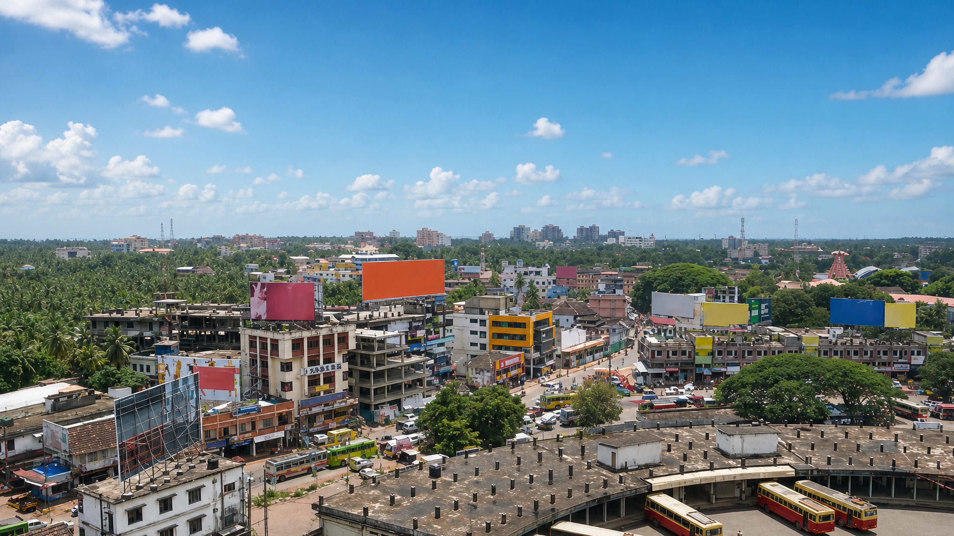 Aerial view over Kannur, Kerala, with colourful low-rise shops, coconut palms and red KSRTC buses at the bus stand