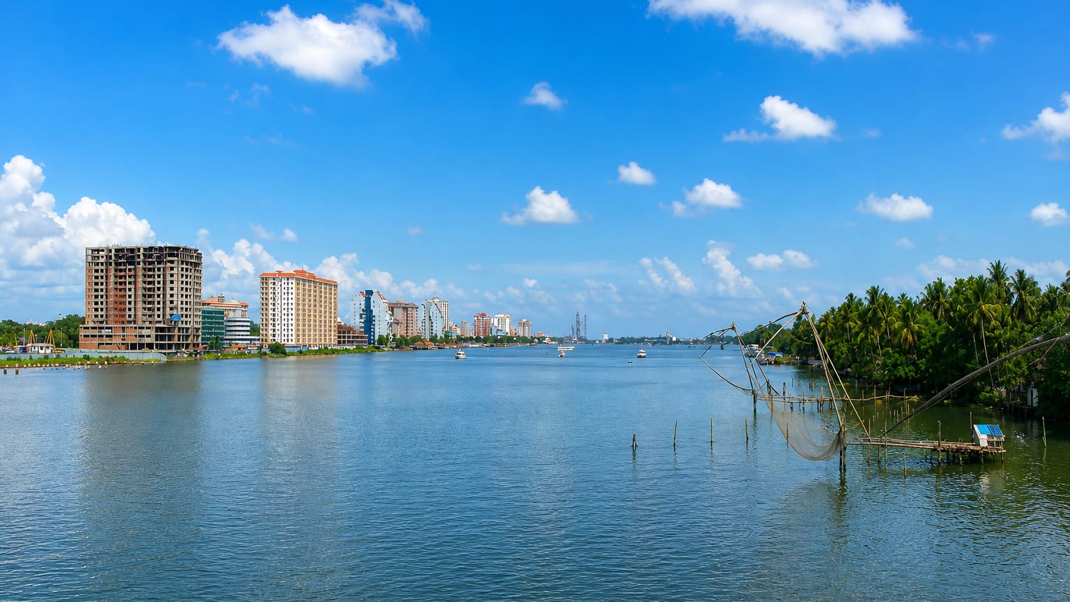 Kochi waterfront with high-rise towers and traditional Chinese fishing nets over the Kerala backwaters.