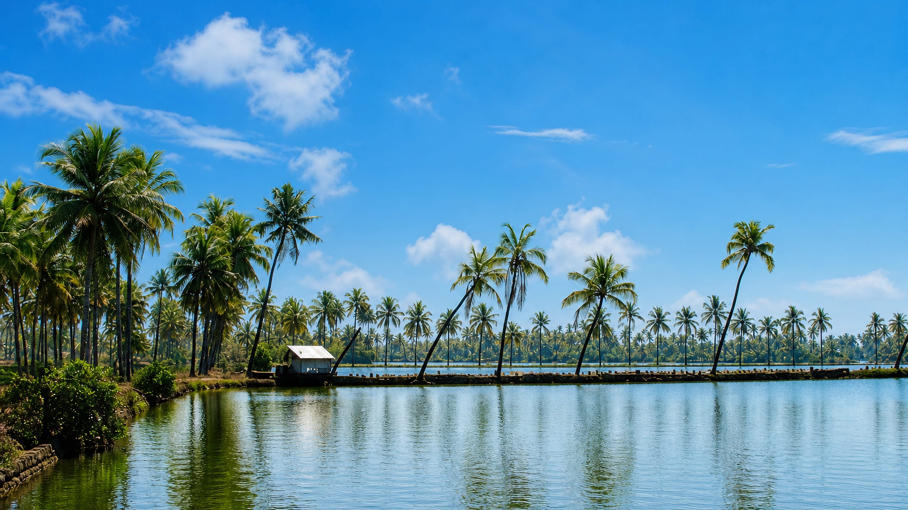 Coconut palms lining the calm backwaters of Kumbalangy, Kerala, with a small waterside hut
