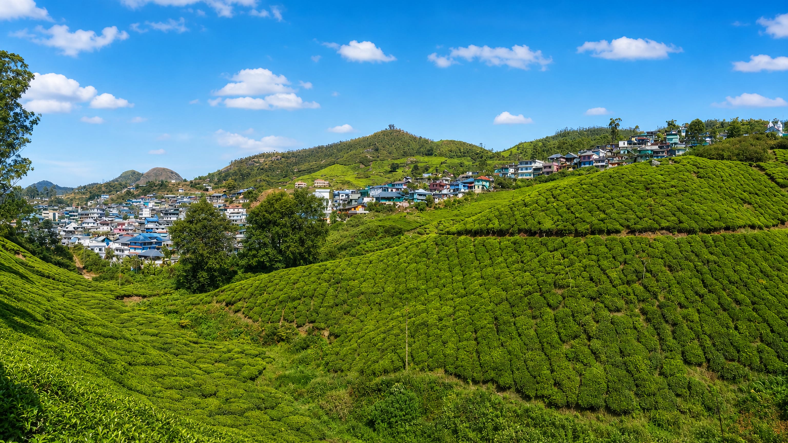 Terraced tea plantations rolling up to the hillside town of Munnar in Kerala's Western Ghats.