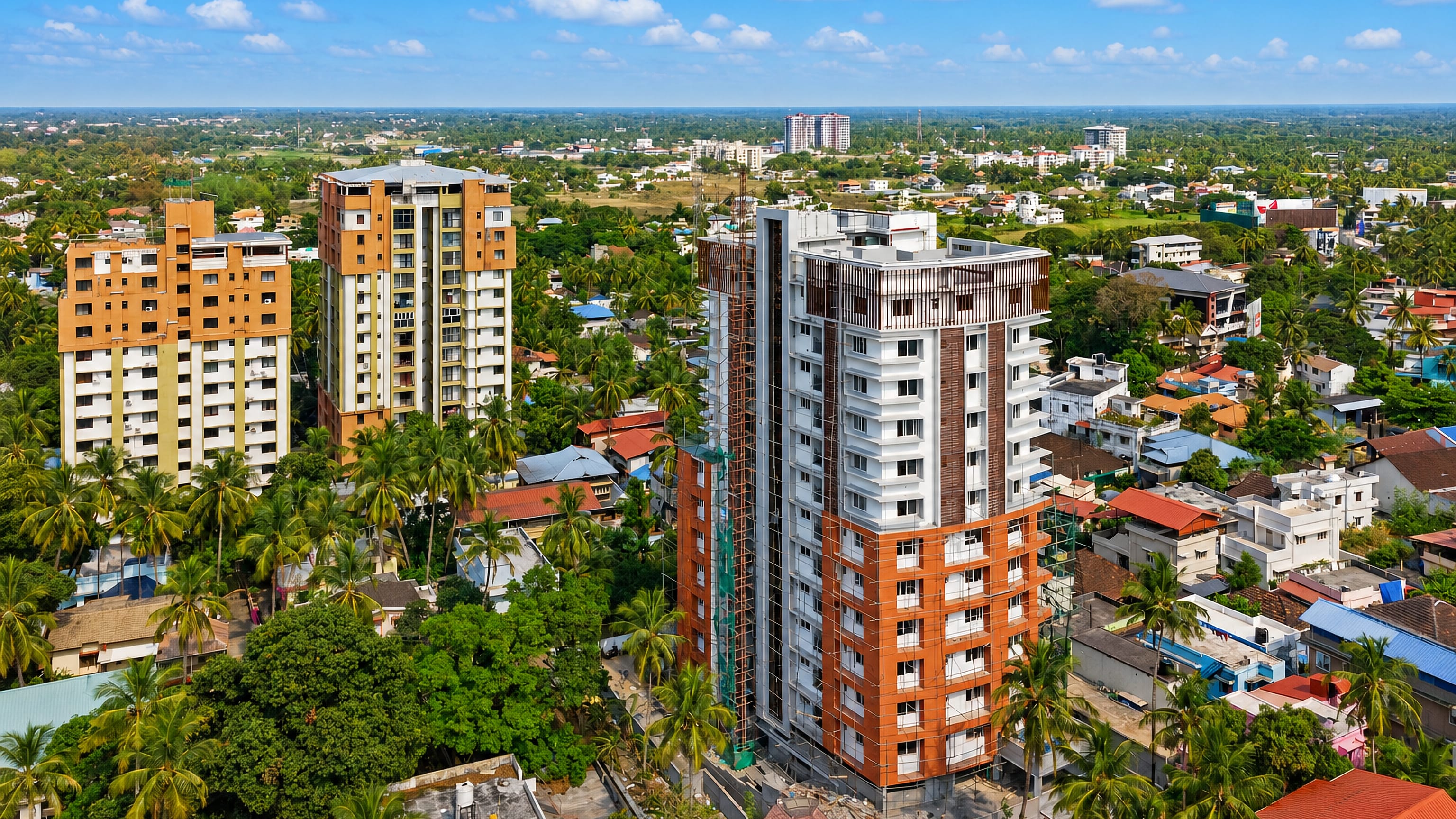 Aerial view over Palakkad, Kerala, with apartment towers rising above coconut palms and tiled rooftops.