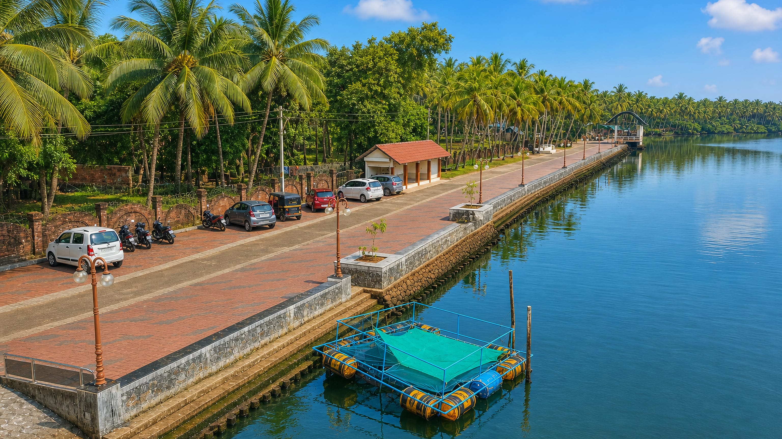 Palm-lined riverside promenade at Ponnani, Kerala, with parked cars and a floating platform on calm backwaters