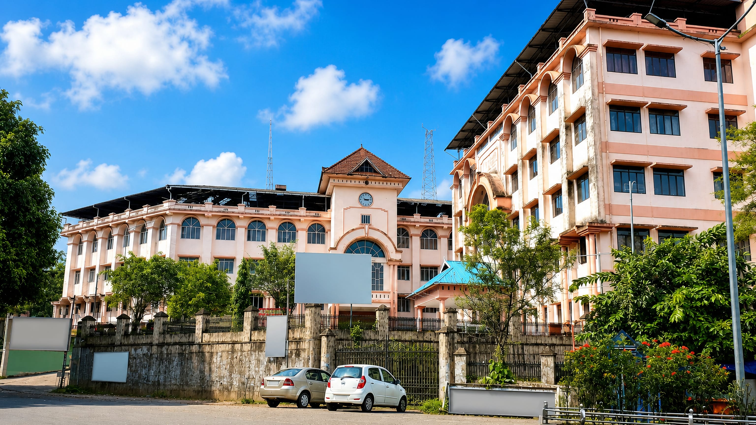 Pink colonial-style civic buildings with a clock tower and palms in Thodupuzha, Kerala.