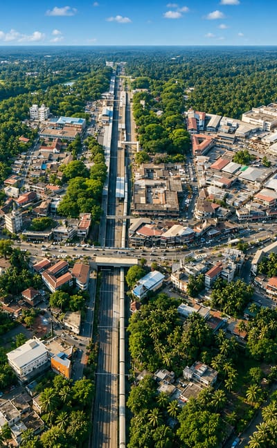 Aerial view of Tirur, Kerala, with a railway line cutting through dense coconut palms and tiled-roof town blocks.