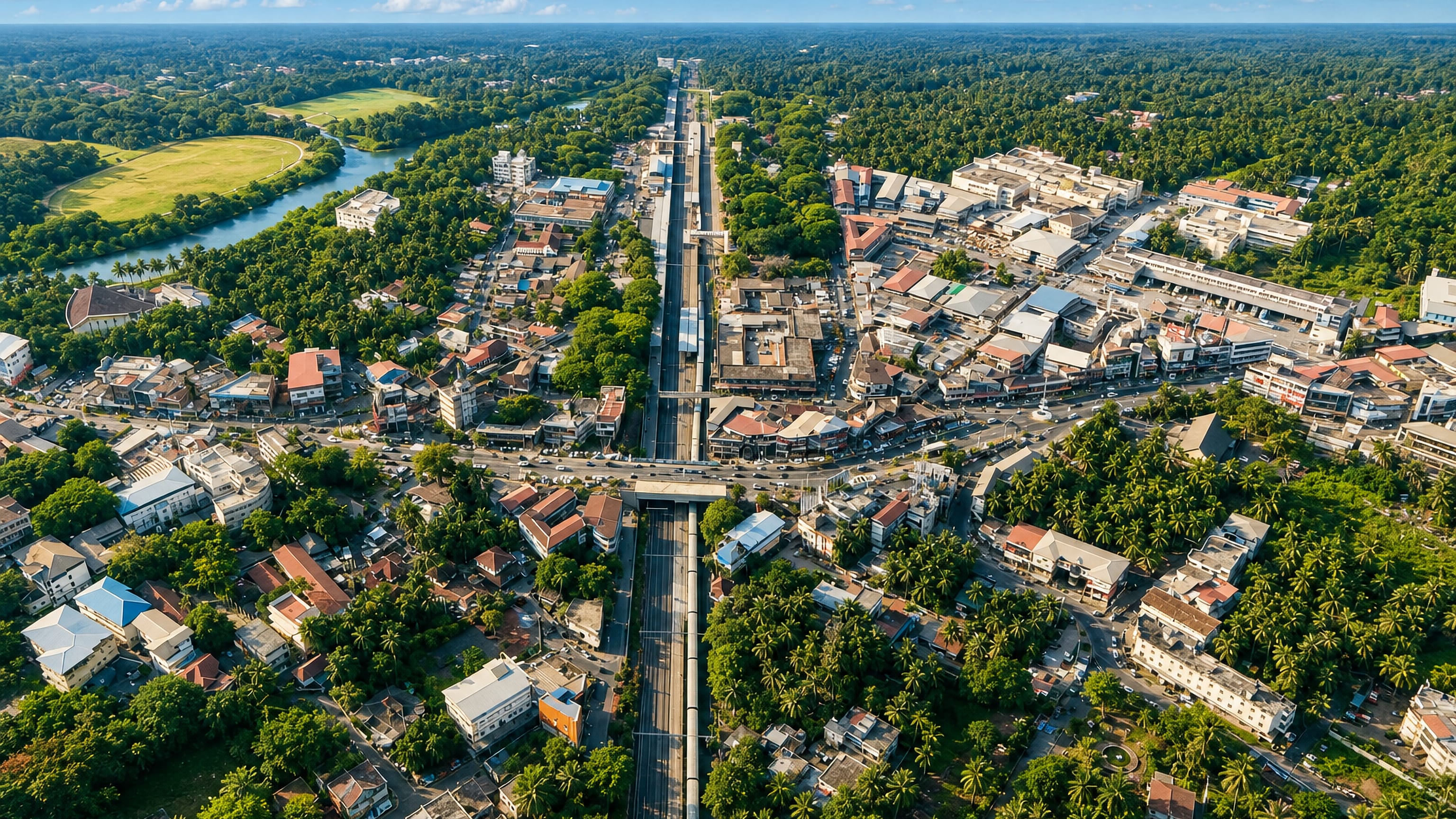 Aerial view of Tirur, Kerala, with a railway line cutting through dense coconut palms and tiled-roof town blocks.