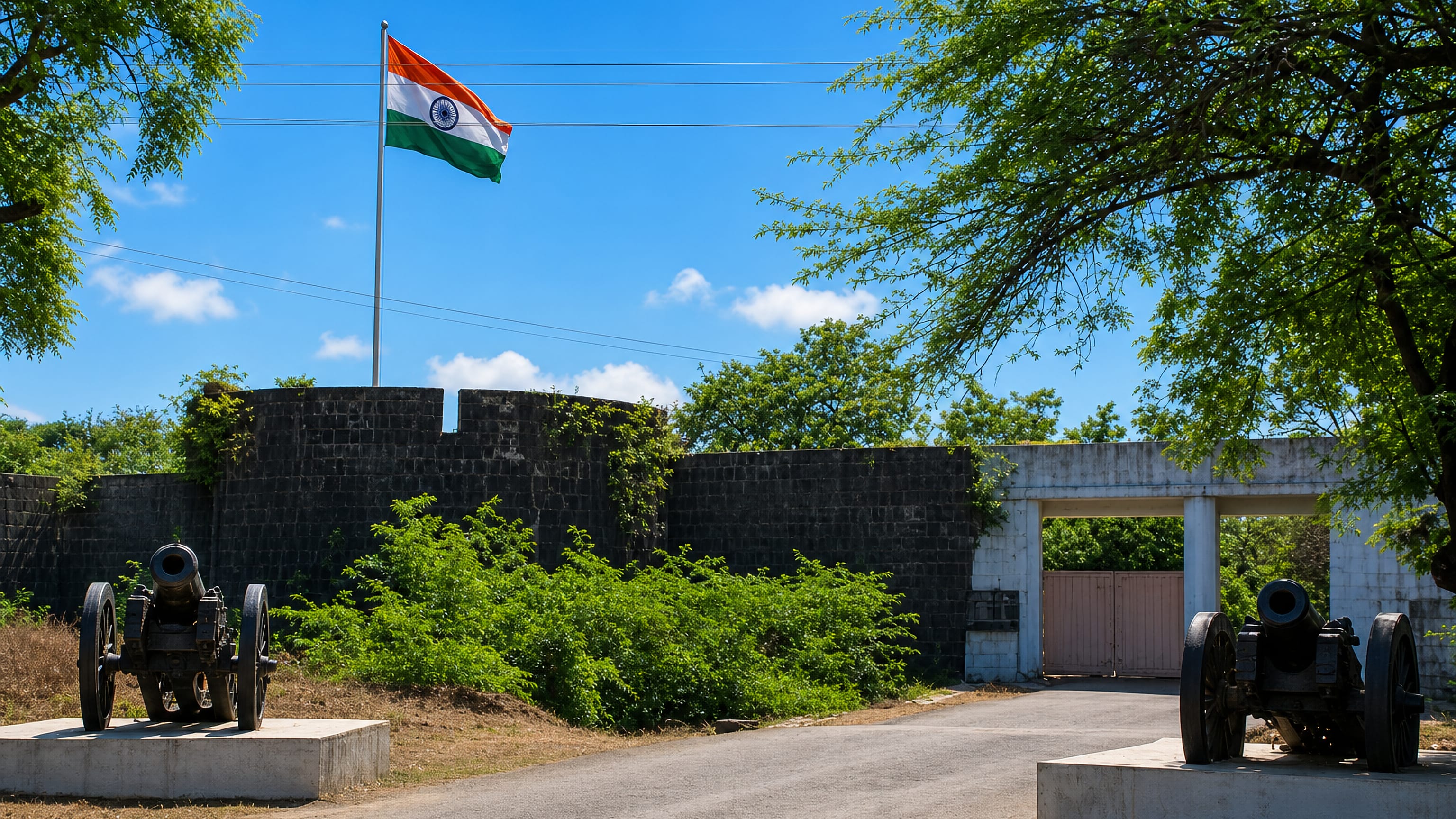 Stone fort walls, mounted cannons and the Indian flag at a fort gateway in Ahilyanagar, Maharashtra