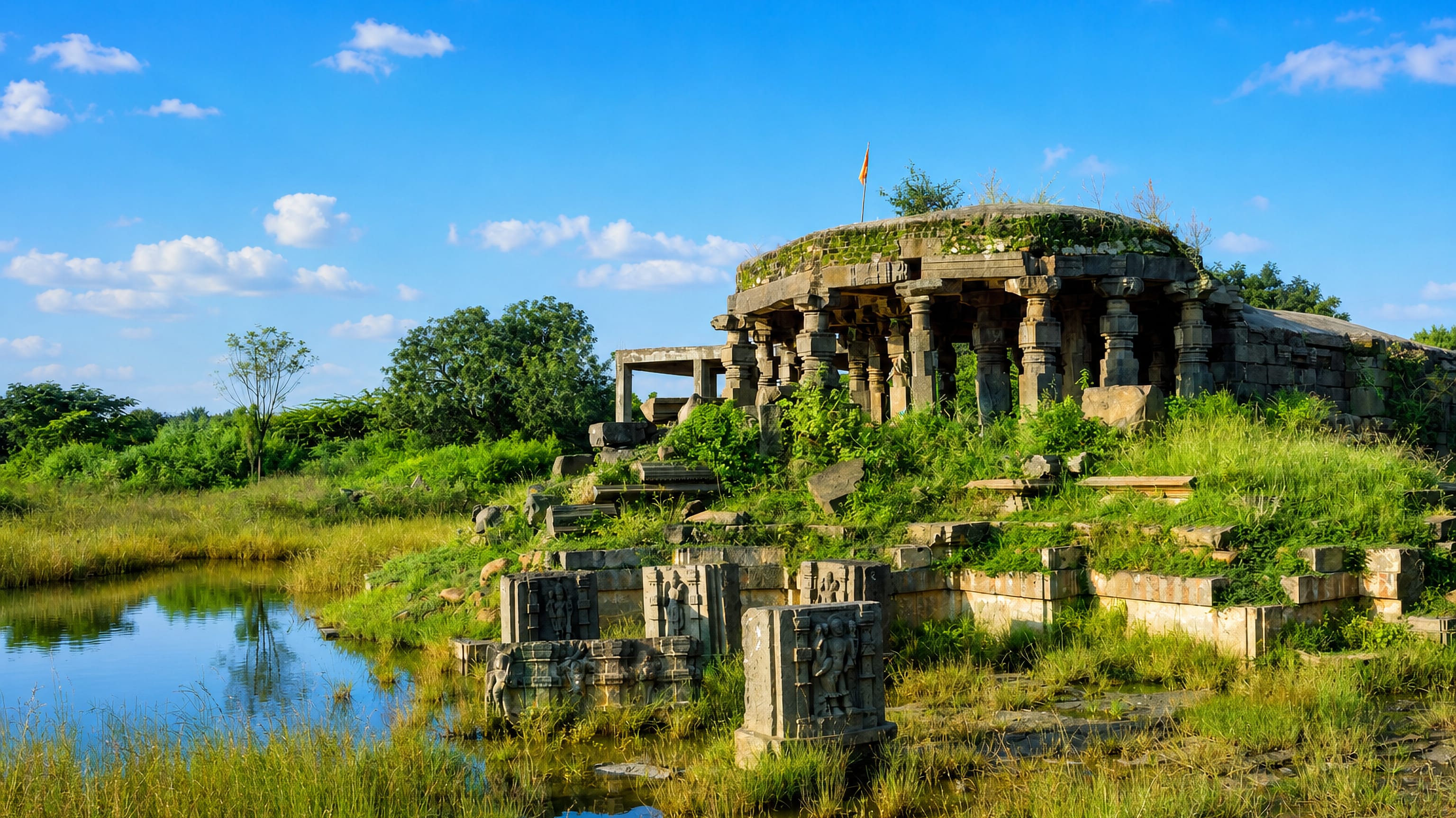 Weathered stone temple ruins and carved slabs beside a pond at Ambājogāi, Maharashtra.