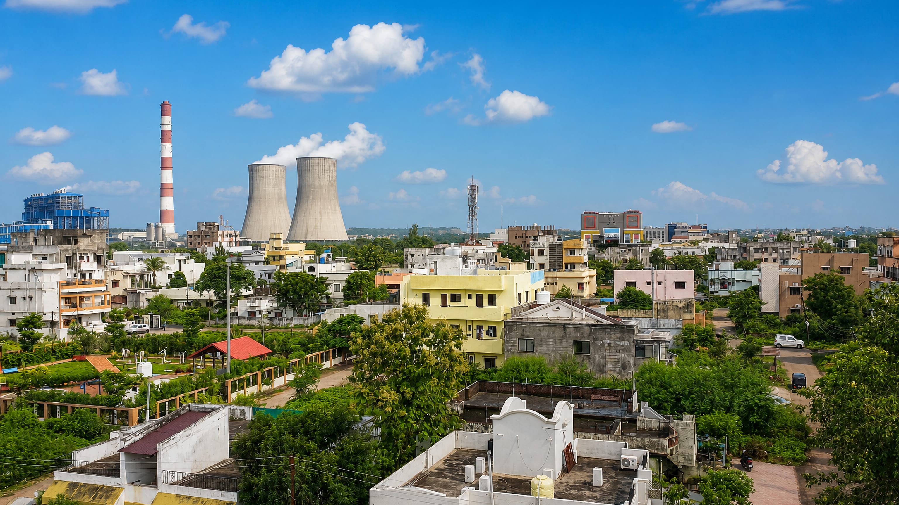 Rooftops of Chandrapur, India, with the cooling towers and chimney of its thermal power station on the skyline.