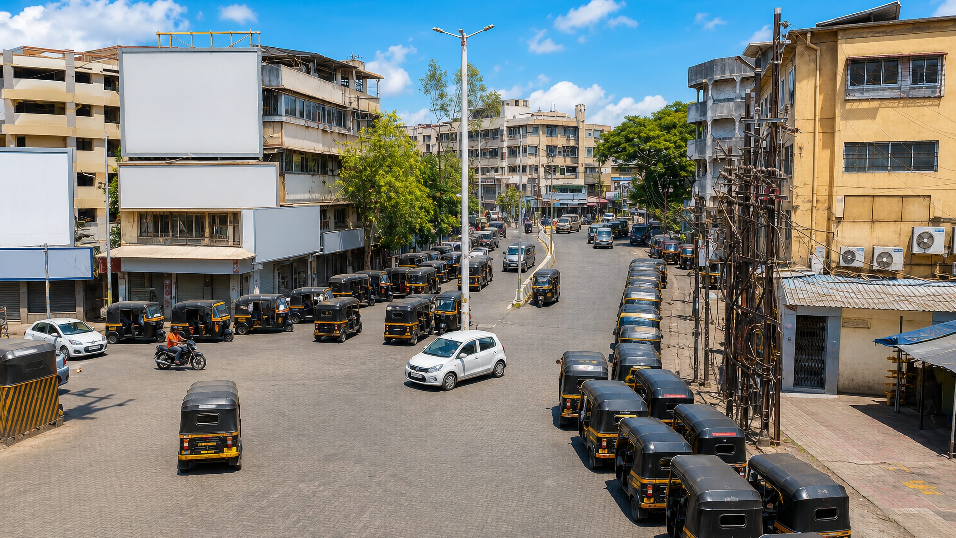 Auto-rickshaws lined up at a street junction in Dombivli, Maharashtra, beside low-rise shops and apartments.