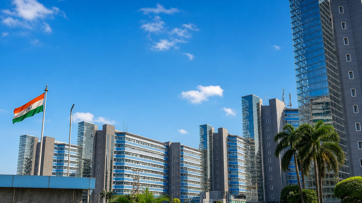 Modern glass office towers of the Bandra Kurla Complex business district in Mumbai with an Indian flag flying