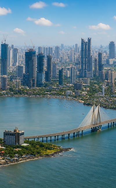 Aerial view of Mumbai's Bandra-Worli Sea Link bridge curving across the bay before the city skyline.