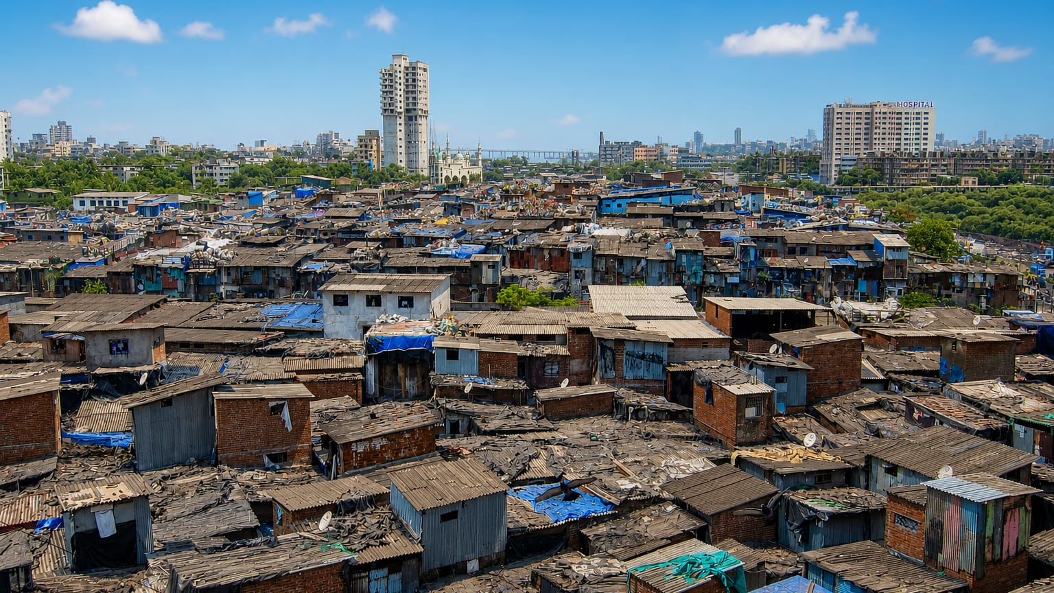 The Dharavi settlement in Mumbai with dense corrugated-roof shanties and blue tarps below distant high-rise towers