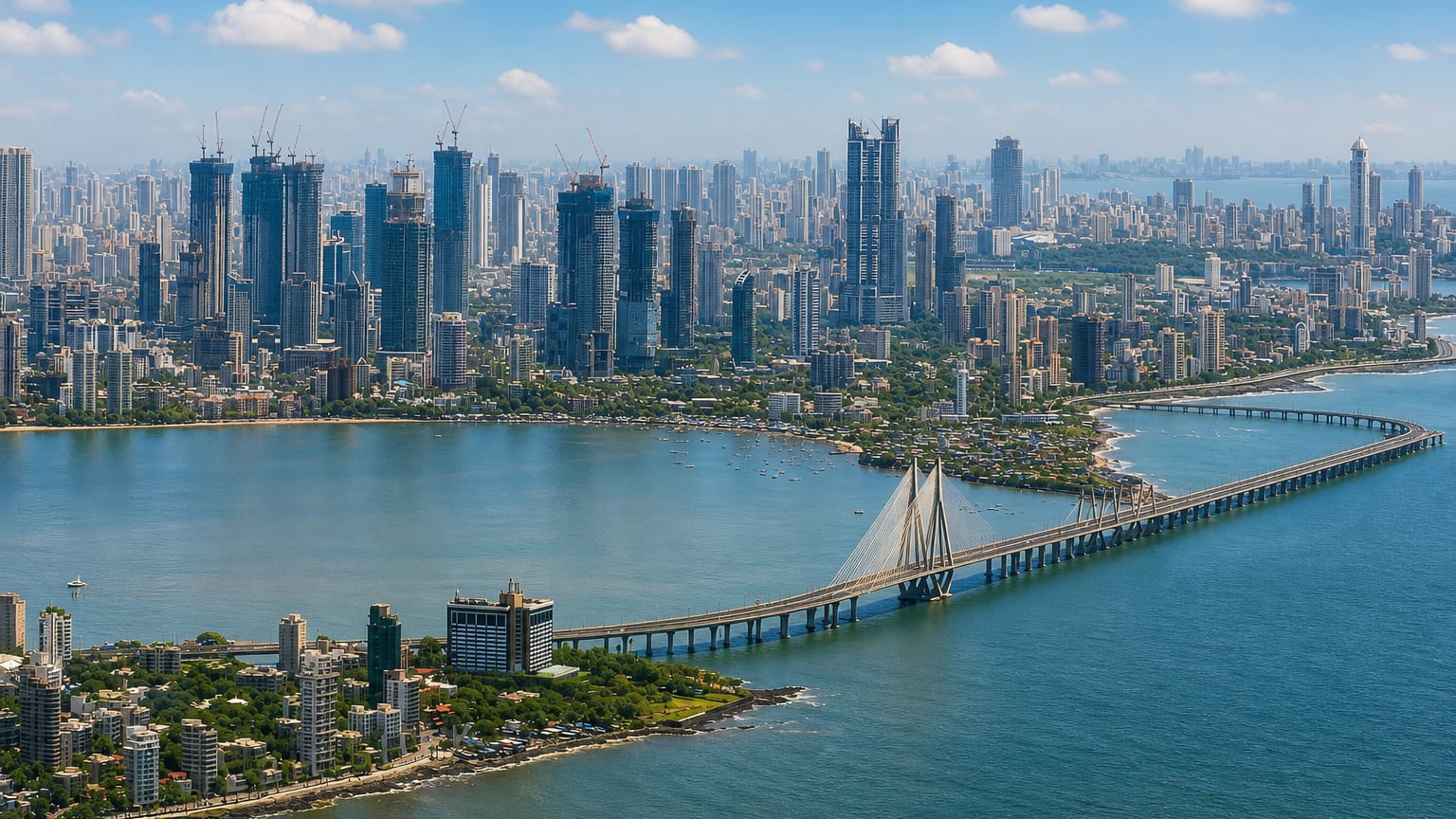 Aerial view of Mumbai's Bandra-Worli Sea Link bridge curving across the bay before the city skyline.