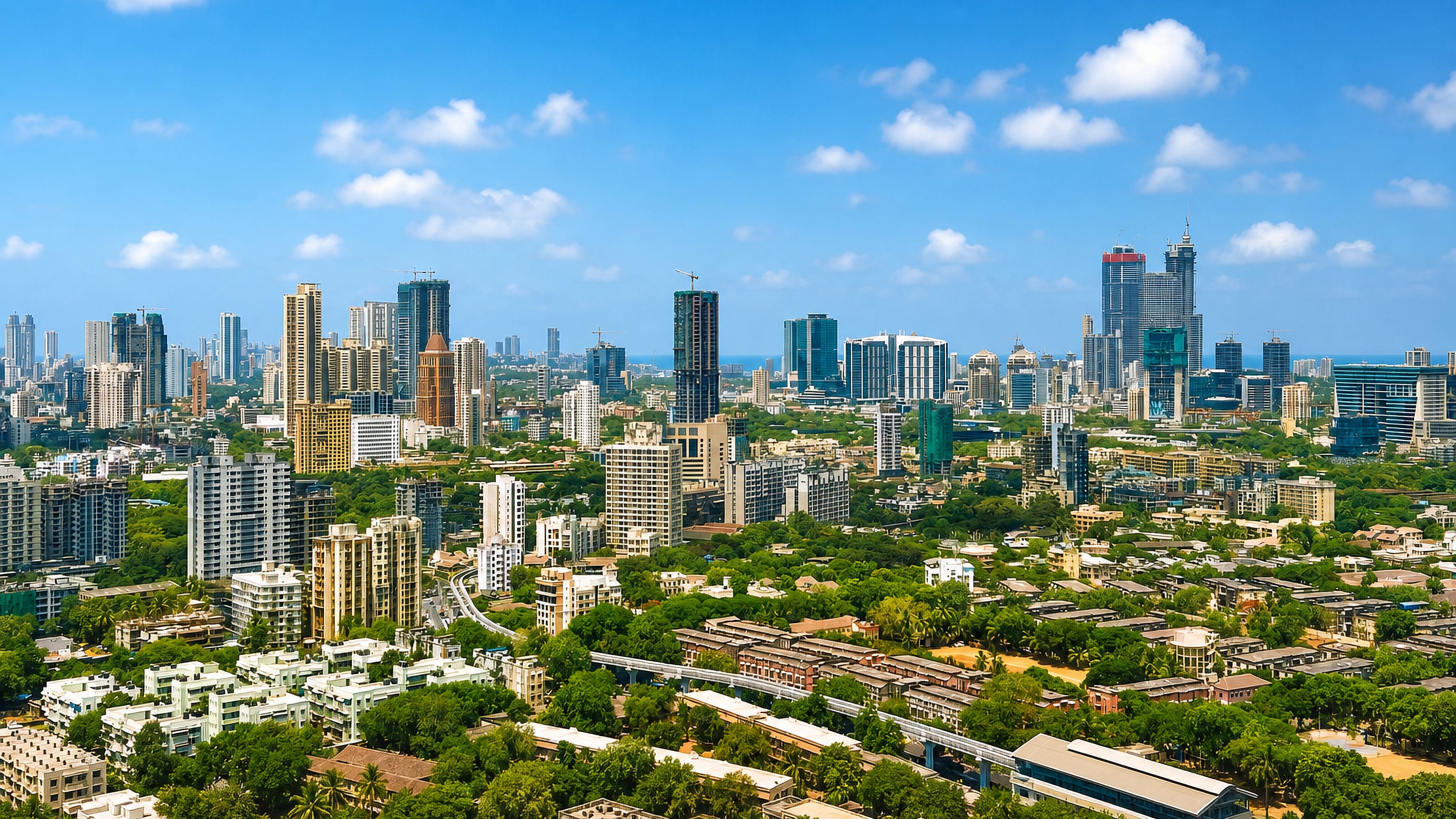 High-rise towers and leafy streets stretching to the sea across South Mumbai, India