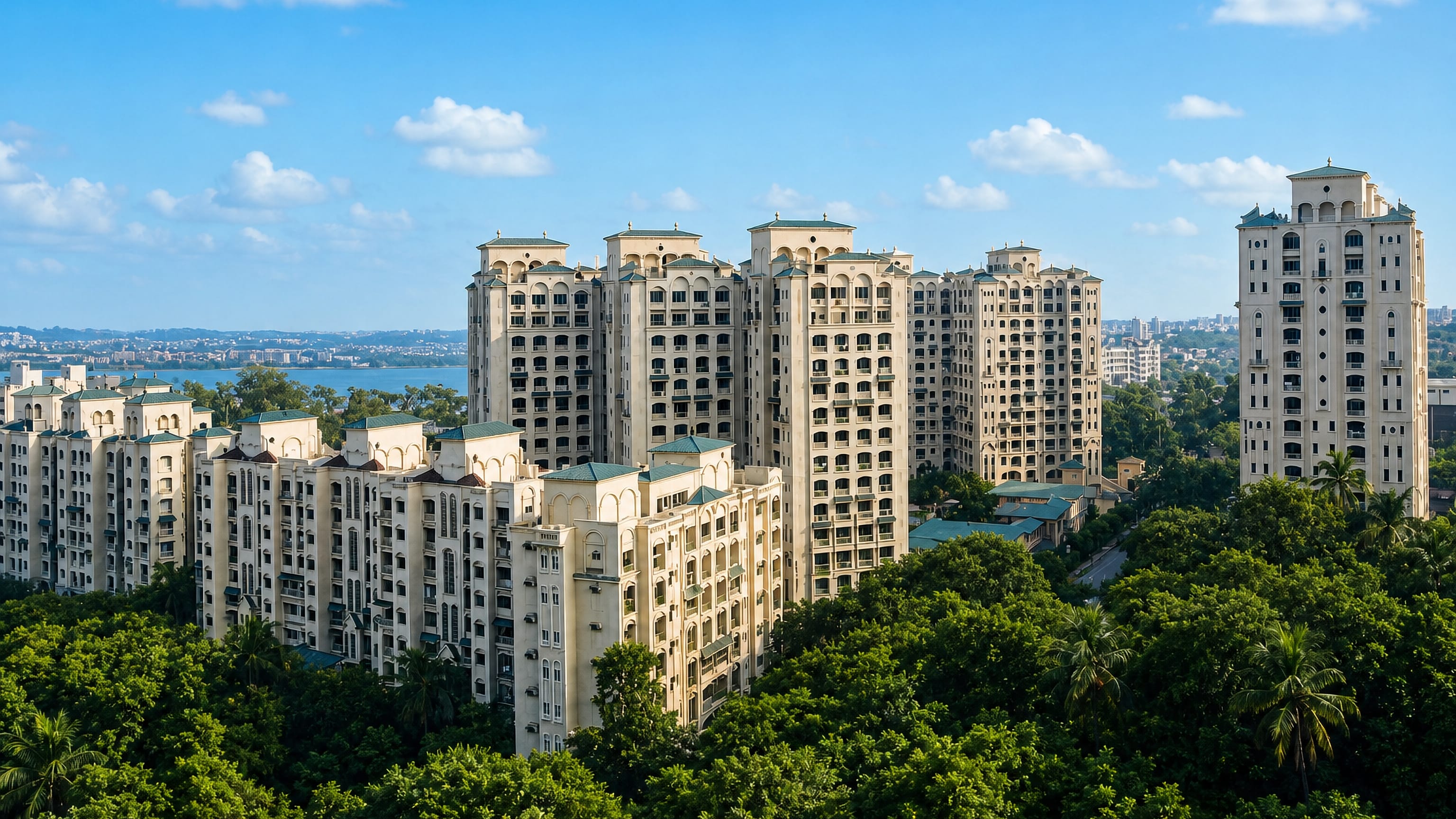 Cream-coloured residential towers above dense treetops in Wadala, Mumbai, with water on the horizon