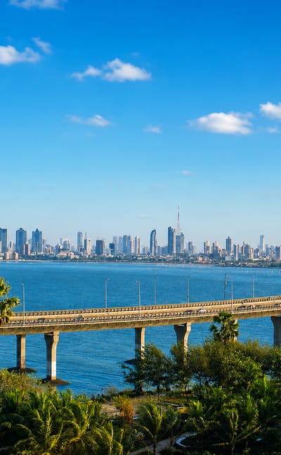 The Bandra-Worli Sea Link curving across the bay toward the Worli skyline in Mumbai