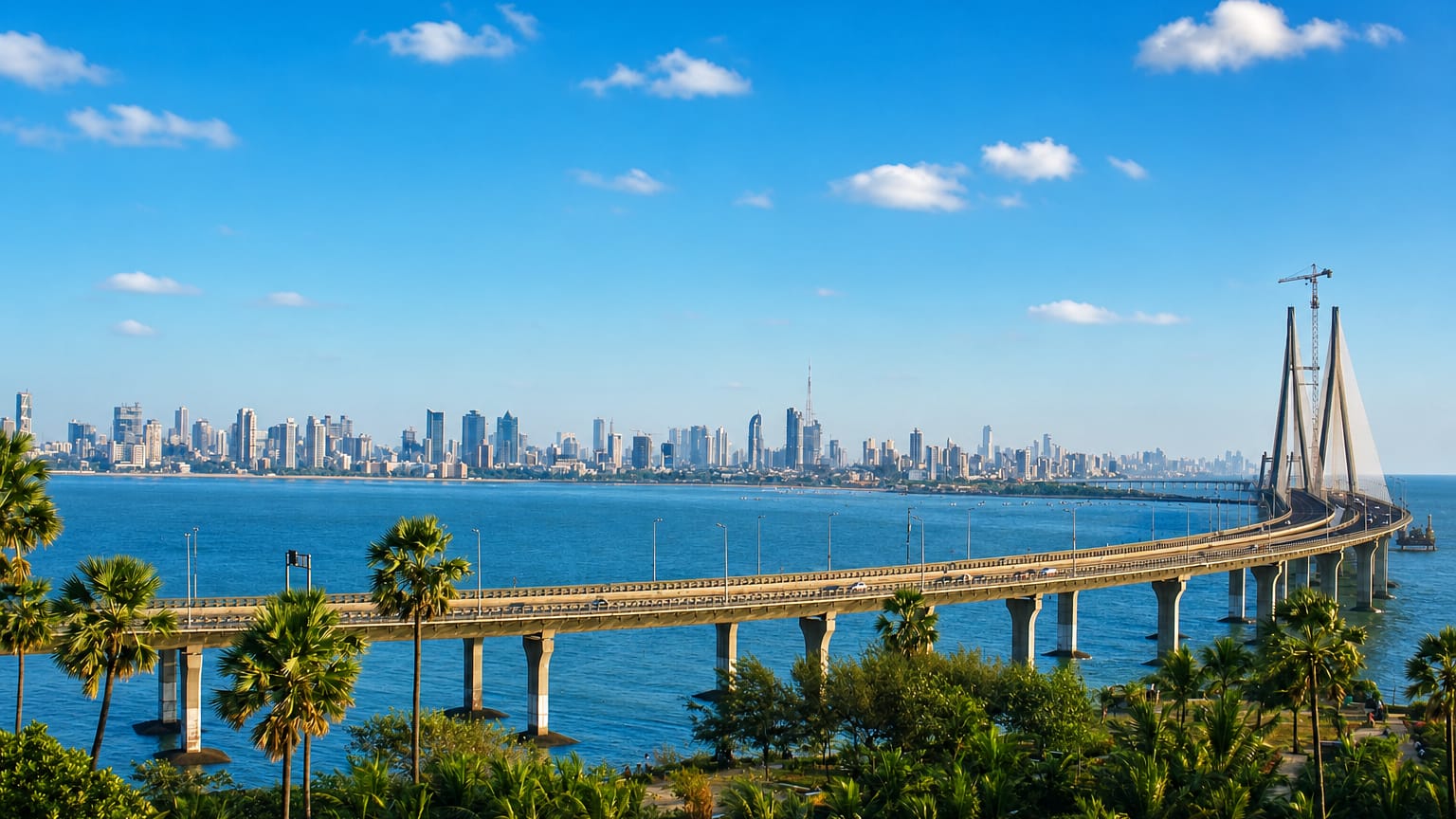The Bandra-Worli Sea Link curving across the bay toward the Worli skyline in Mumbai