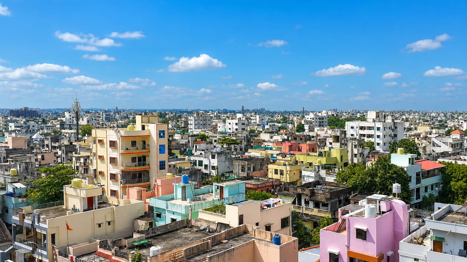 Rooftops of densely packed, colourful mid-rise buildings across Nagpur under a clear blue sky.