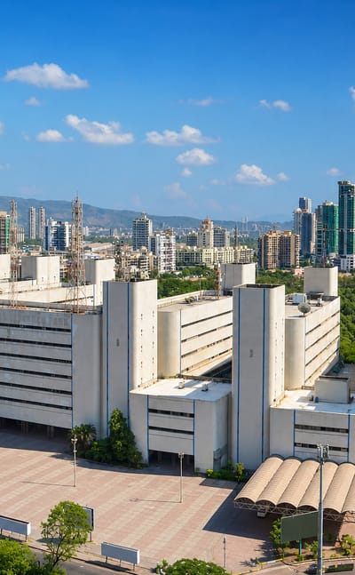 Concrete market complex with high-rise towers, forest belt and hills behind at Navi Mumbai, India.
