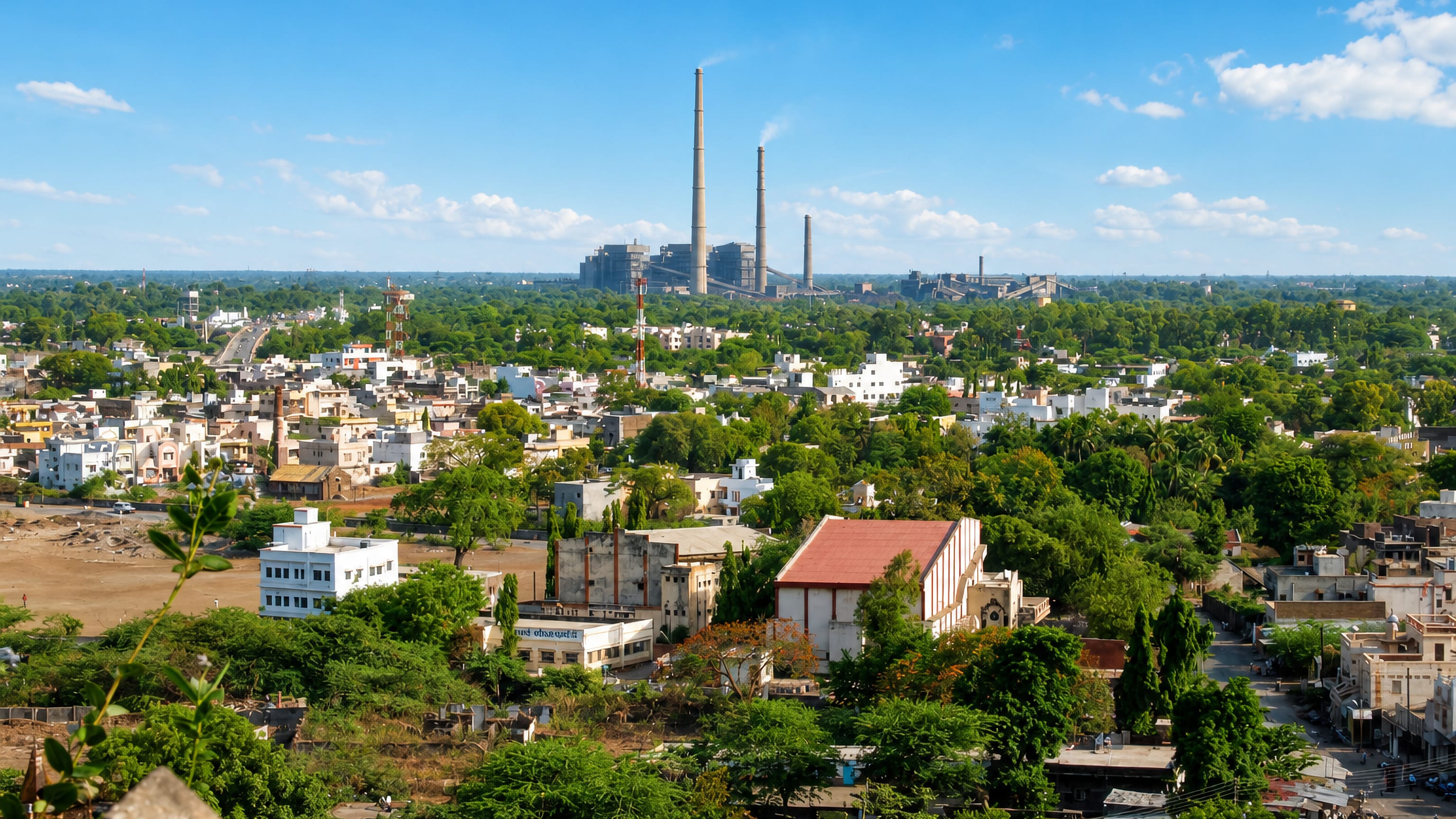 Aerial view over the green low-rise town of Parli Vaijnath, Maharashtra, with thermal power station chimneys beyond.