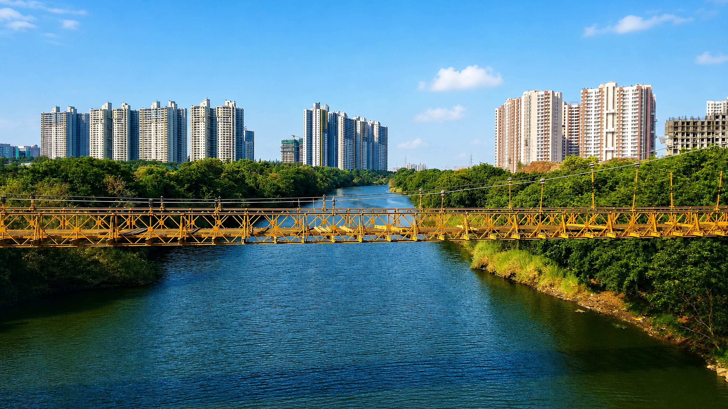 The Pavana River at Pimpri-Chinchwad, a yellow steel footbridge crossing below new high-rise towers.