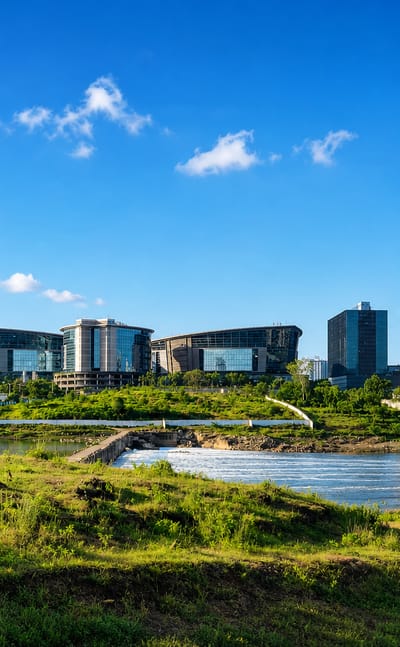 Pune's modern glass office towers rising beyond a river weir and green riverbank.