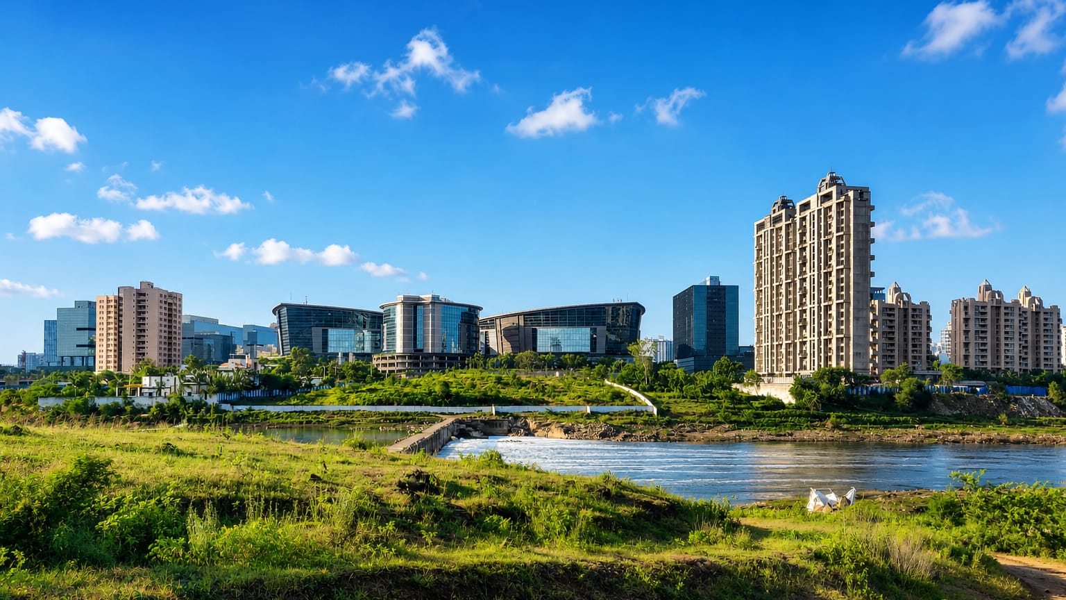 Pune's modern glass office towers rising beyond a river weir and green riverbank.