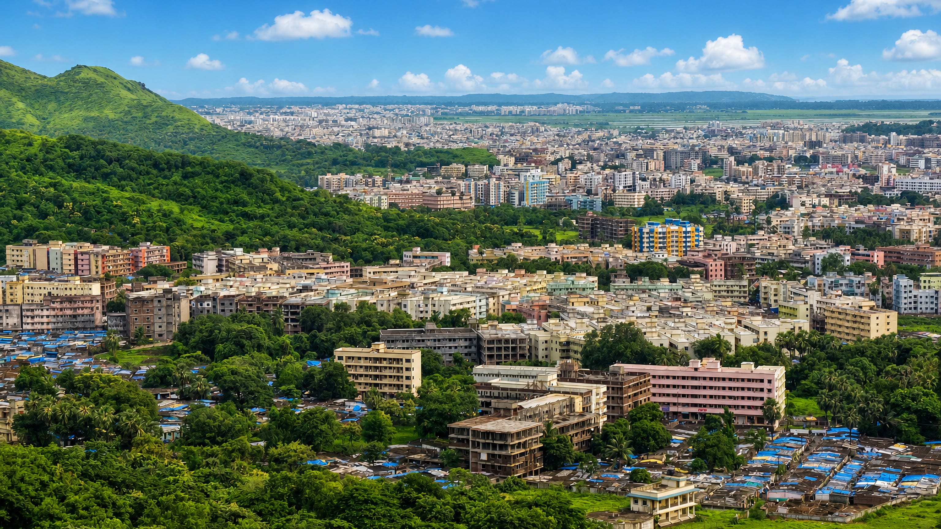 Dense mid-rise blocks of Virar spread between green hills and a coastal plain north of Mumbai, India.