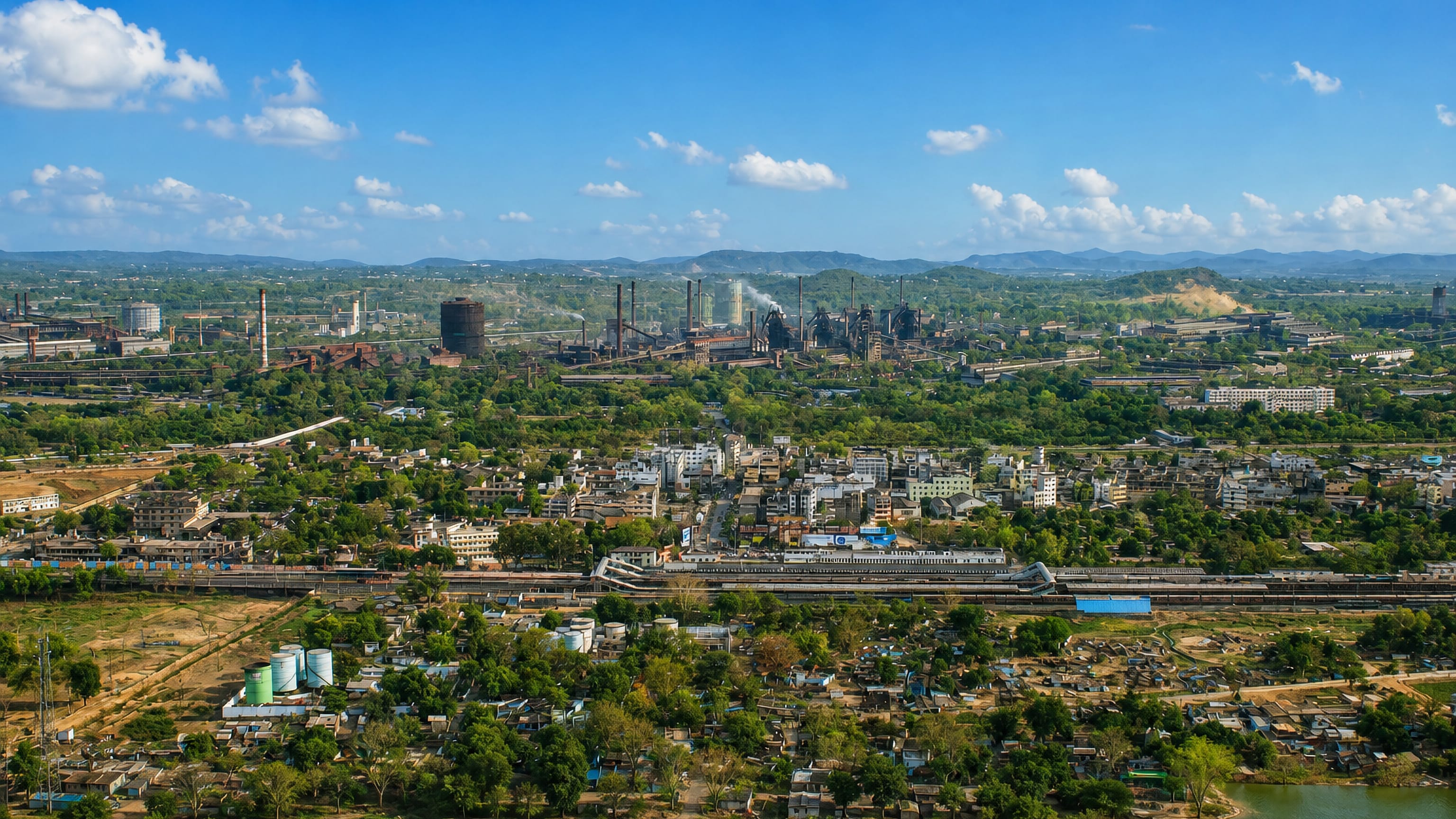 Aerial view of Rourkela with its steel plant chimneys, rail lines and wooded hills beyond.