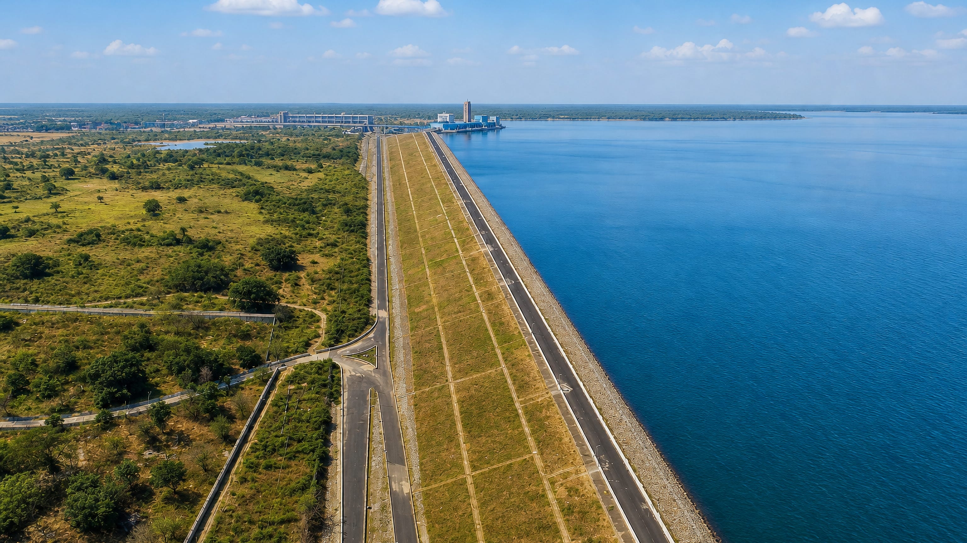 The long earthen Hirakud Dam and its reservoir on the Mahanadi River near Sambalpur, India.