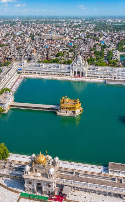 Aerial view of the Golden Temple and its sacred pool at the heart of Amritsar, India