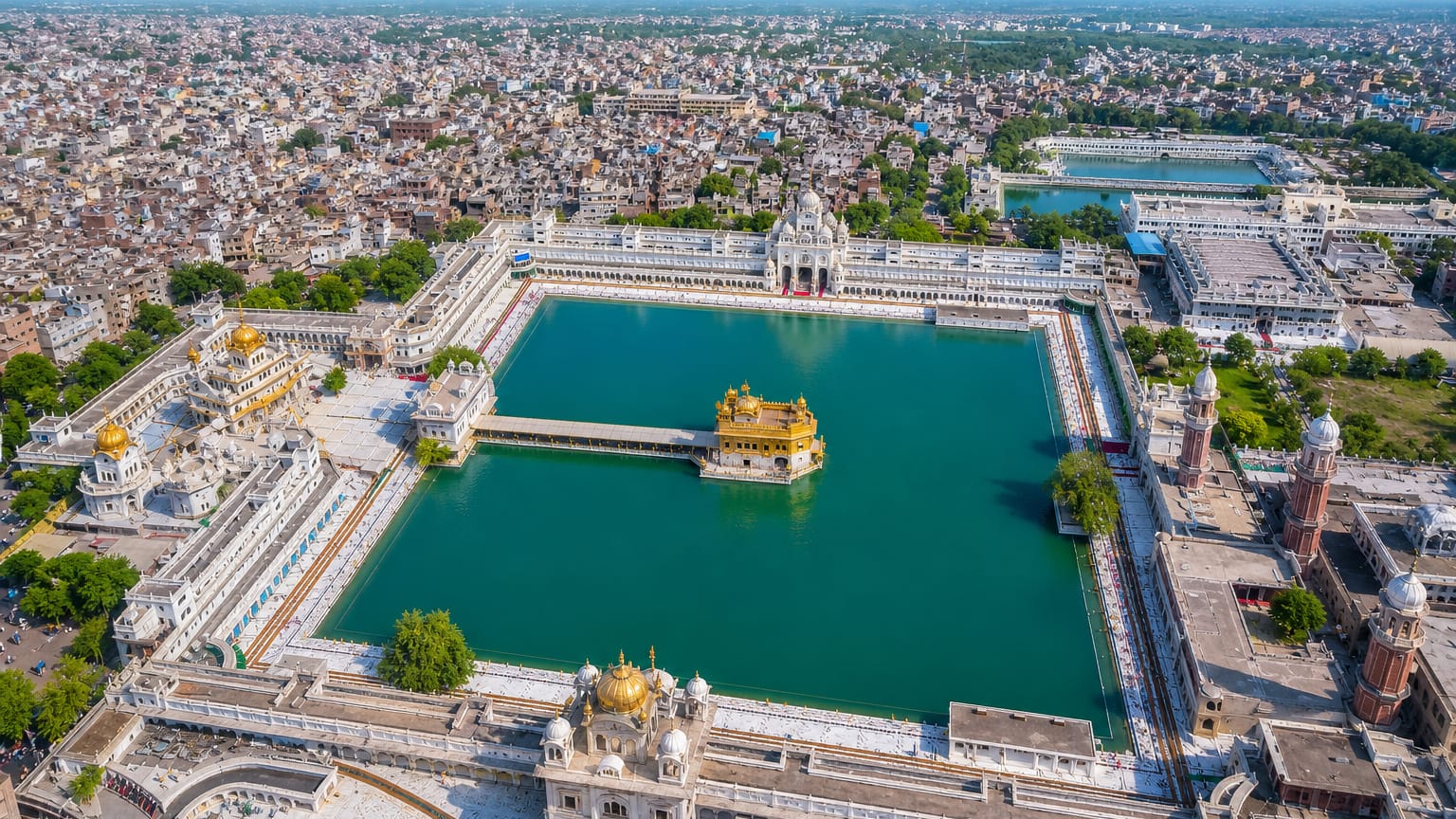 Aerial view of the Golden Temple and its sacred pool at the heart of Amritsar, India