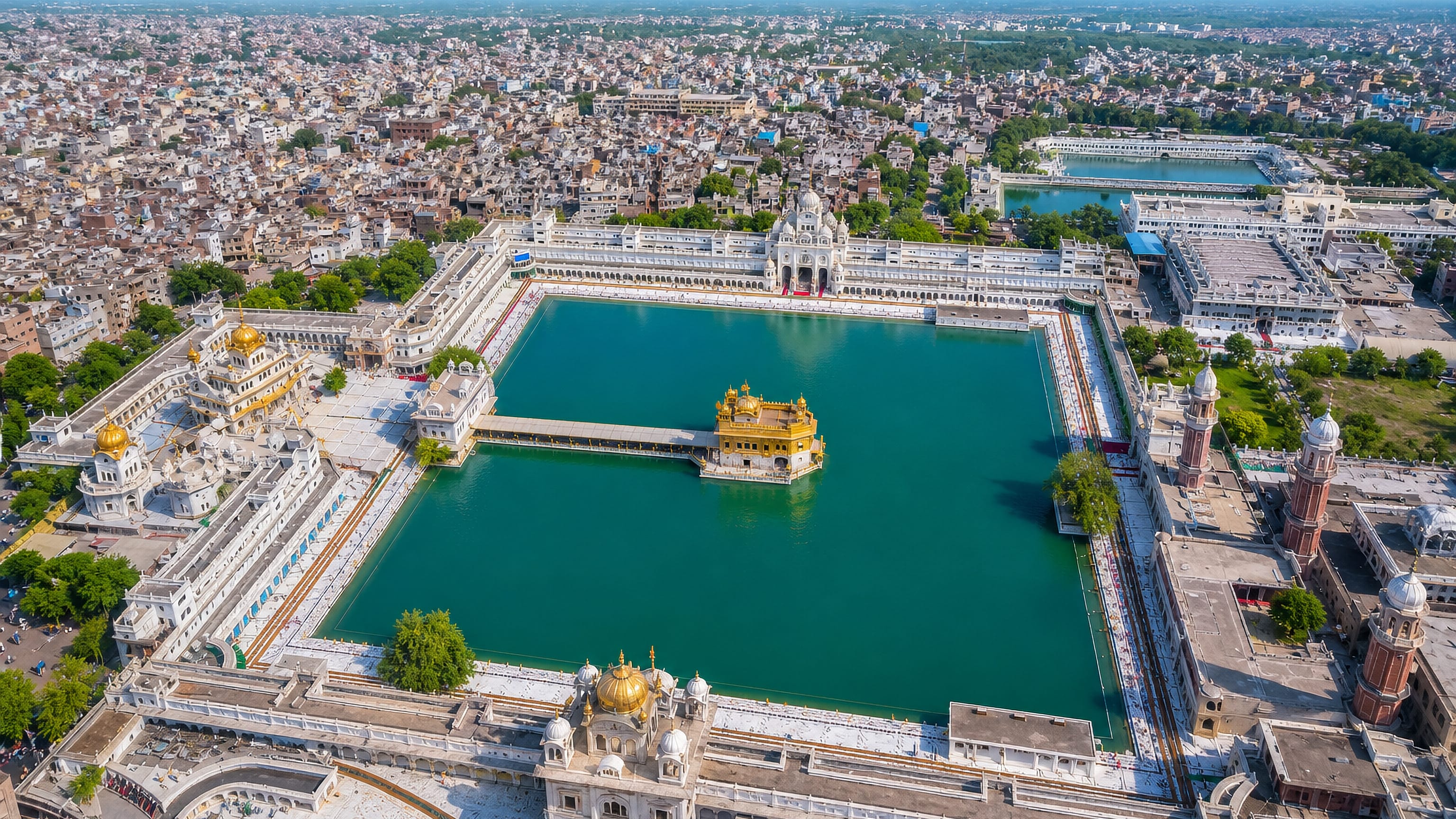Aerial view of the Golden Temple and its sacred pool at the heart of Amritsar, India