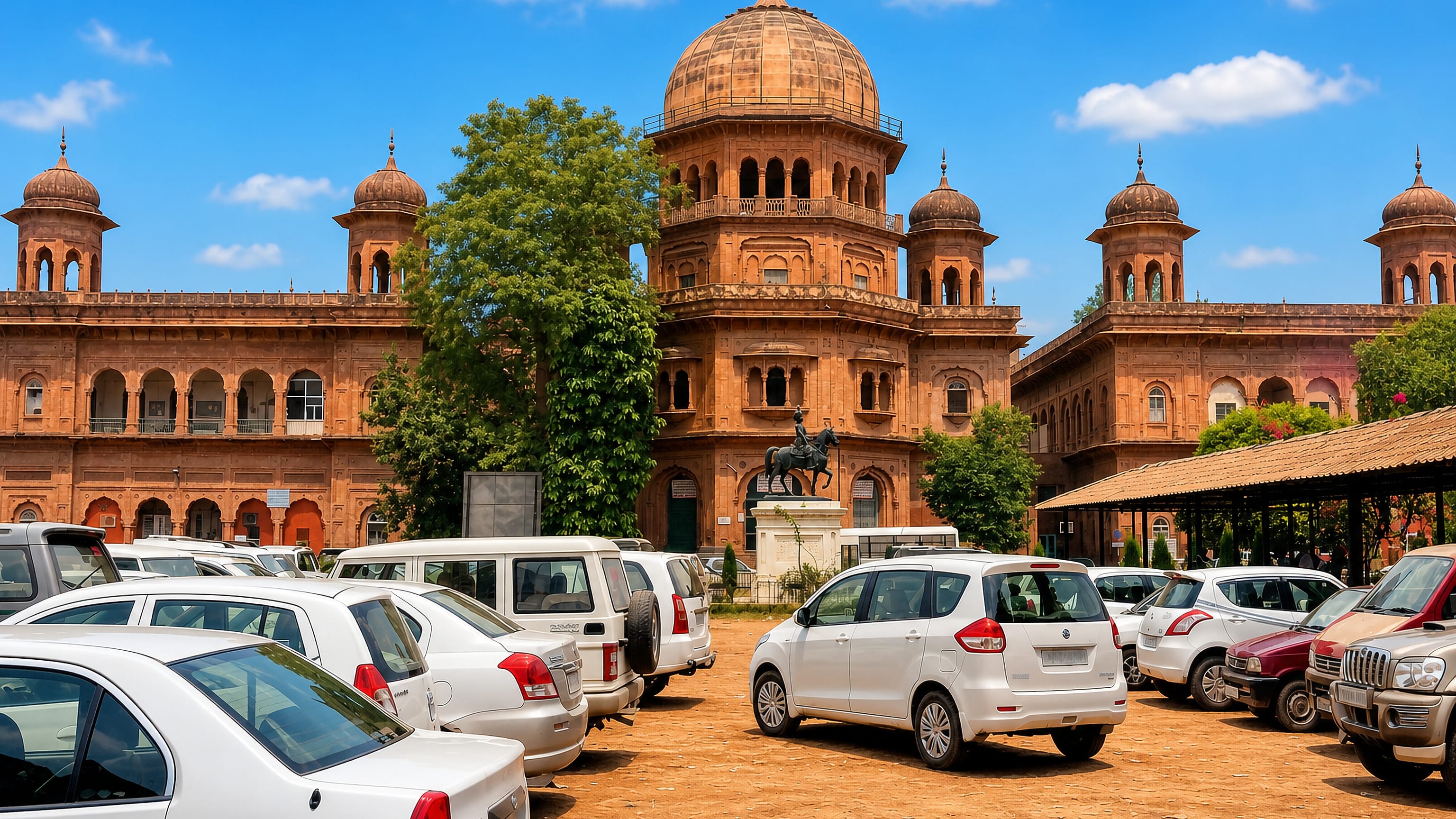 Red-sandstone domed heritage building with an equestrian statue and parked cars in Kapurthala Town, India.