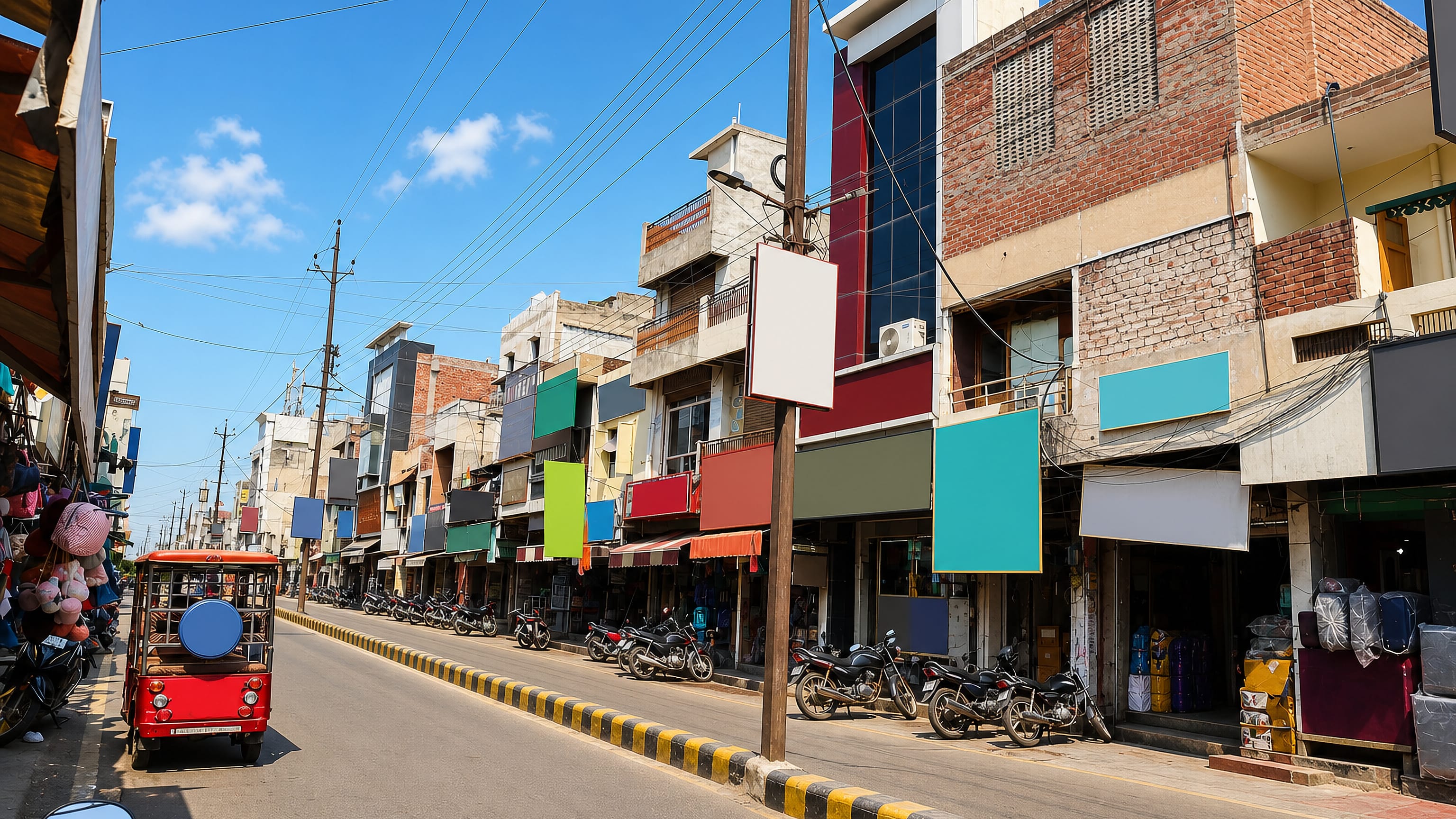 Bazaar street of shopfronts, awnings and parked motorbikes in Moga, Punjab, India.
