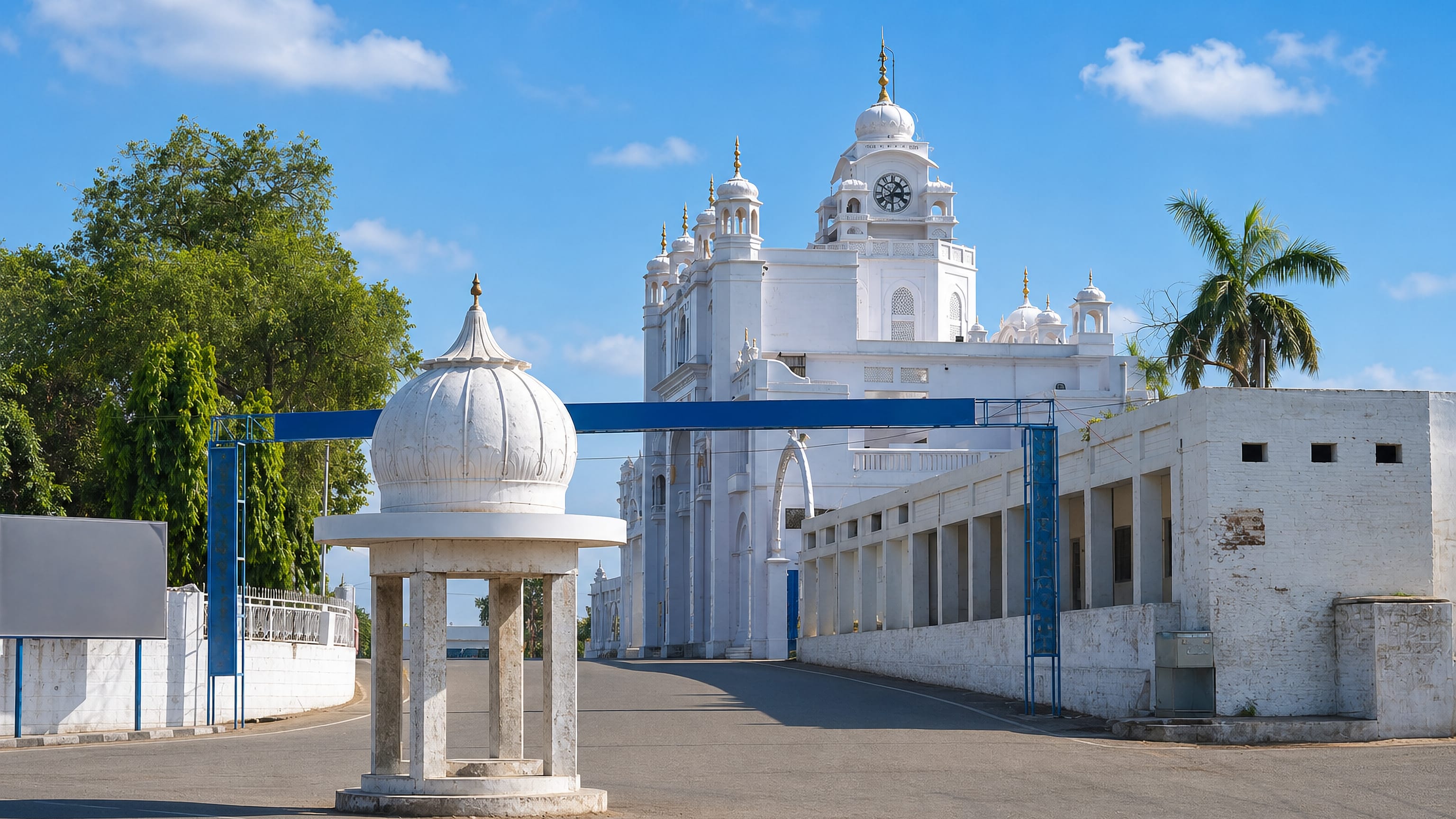 White domed gurdwara complex with a clock tower and gateway arch beside an open road in Sirhind, Punjab.