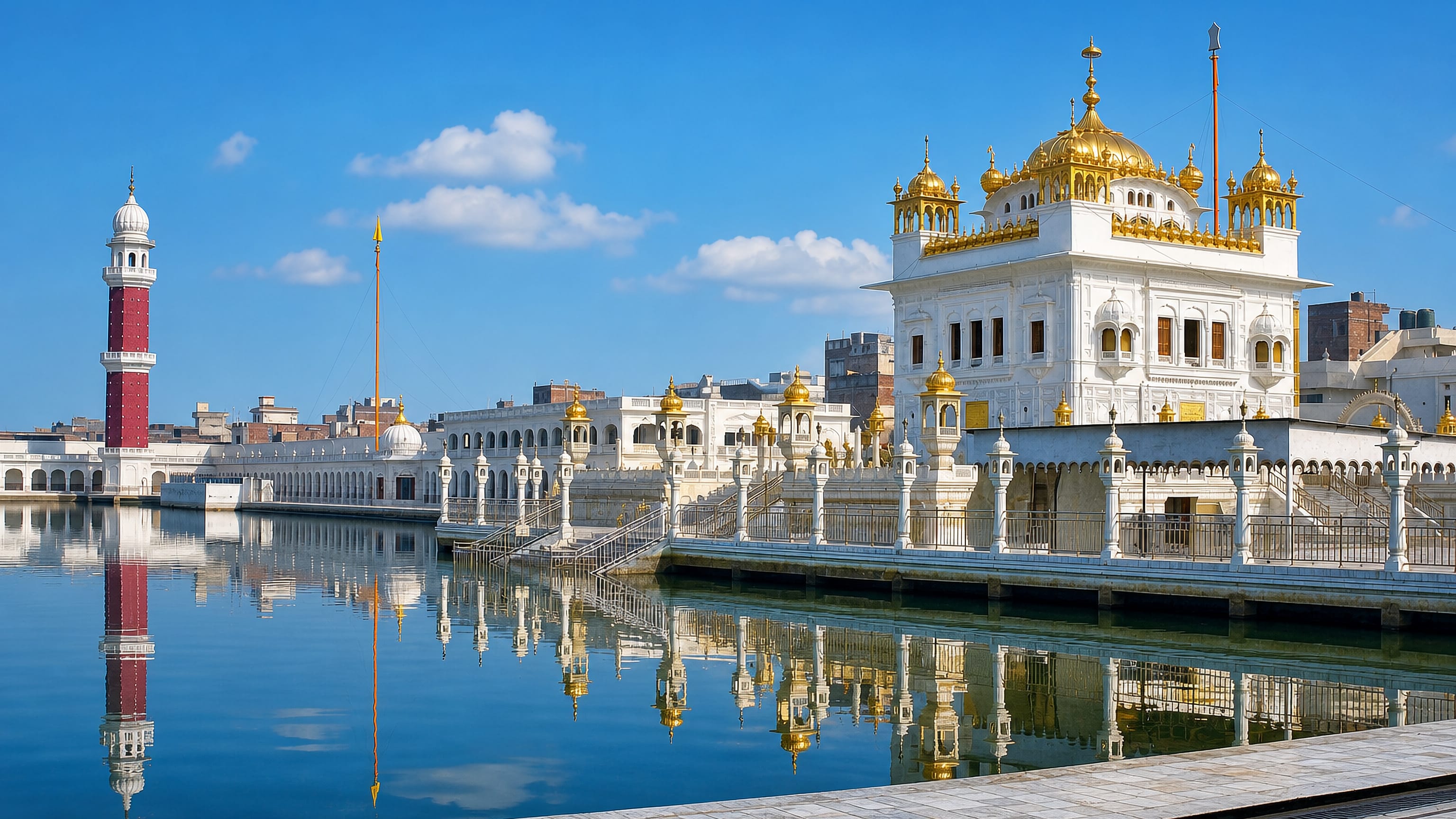 Golden-domed Gurdwara Sri Darbar Sahib beside its sarovar and tall clock tower in Tarn Taran, Punjab