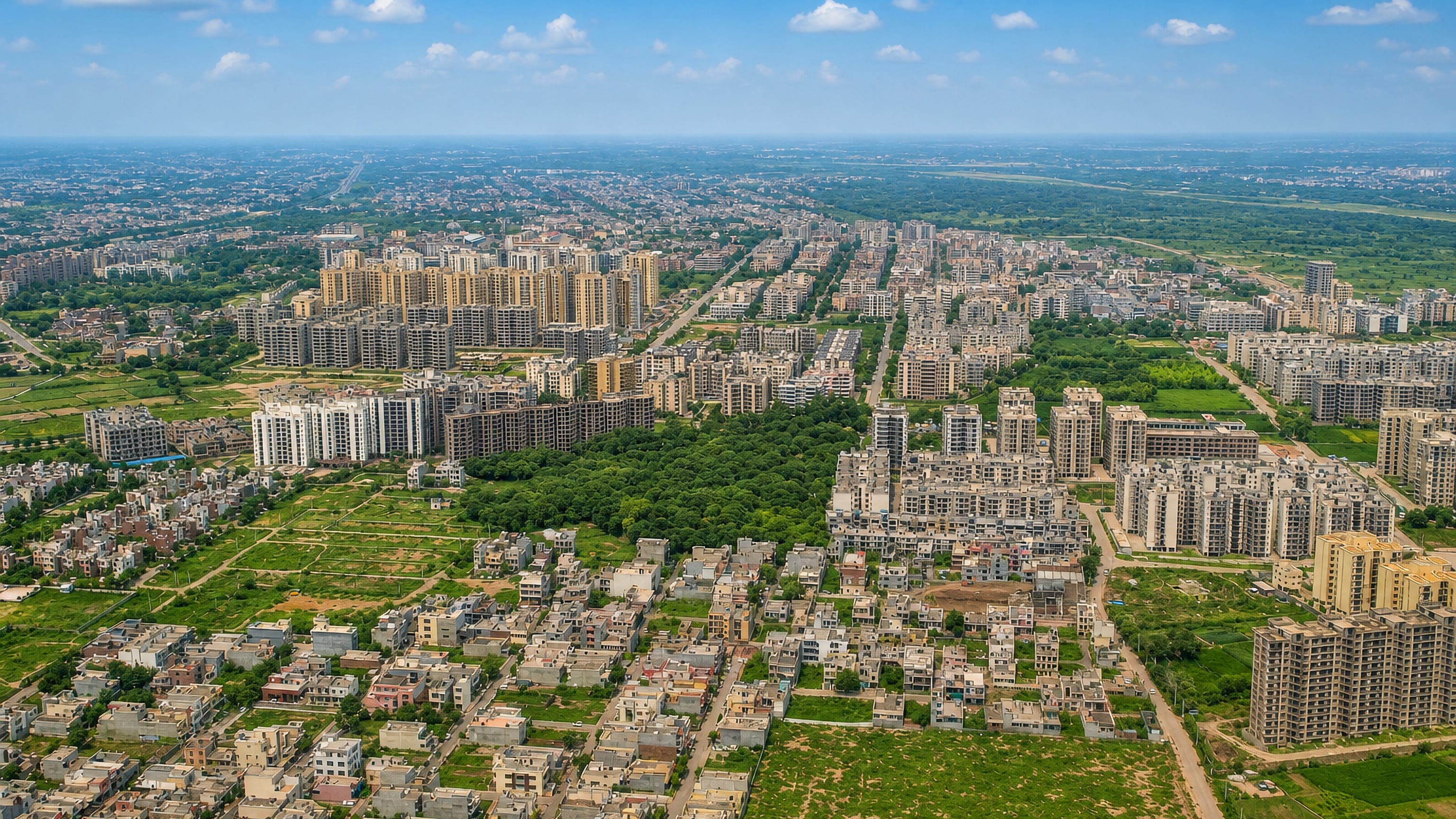 Aerial sweep over Zerakpur, India, showing apartment towers, plotted housing colonies and open fields.