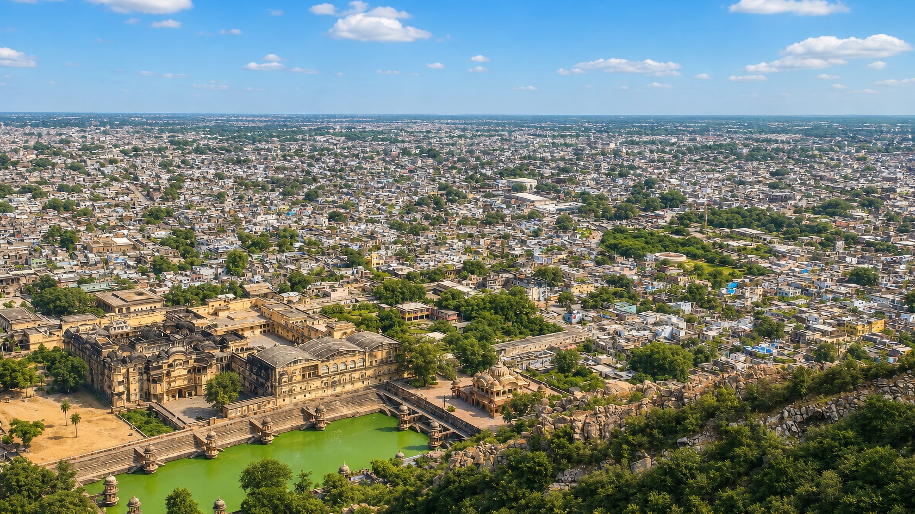 Alwar, Rajasthan, from the hillside above the City Palace and its stepped tank, with the town spreading beyond.