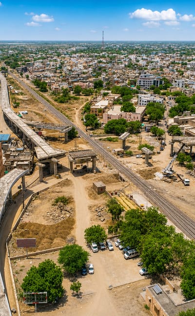 Aerial view over Balotra, Rajasthan, showing dense rooftops, railway tracks and an elevated flyover under construction.