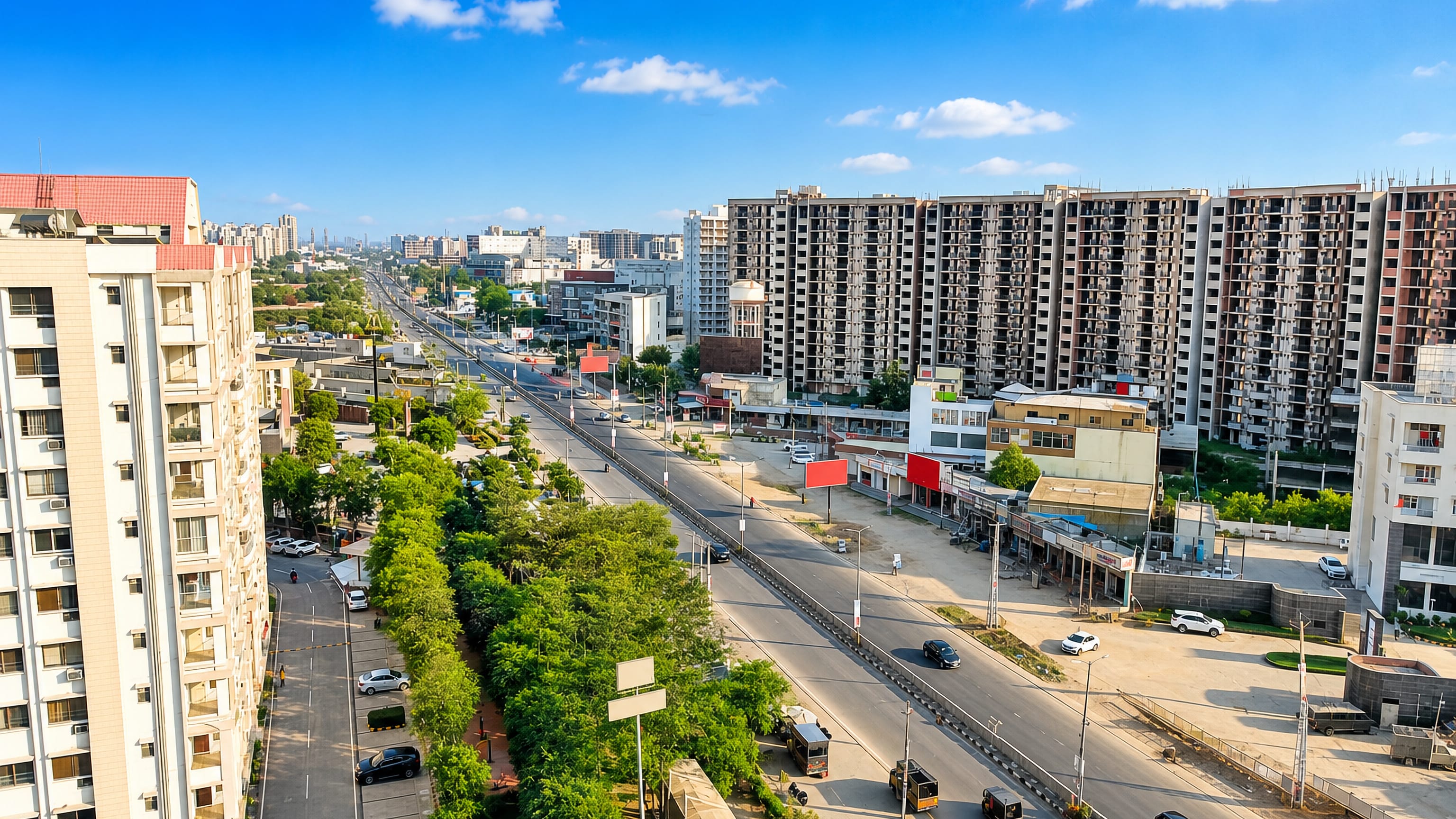 Bhiwadi, Rajasthan, seen from above with new apartment towers lining a broad divided highway