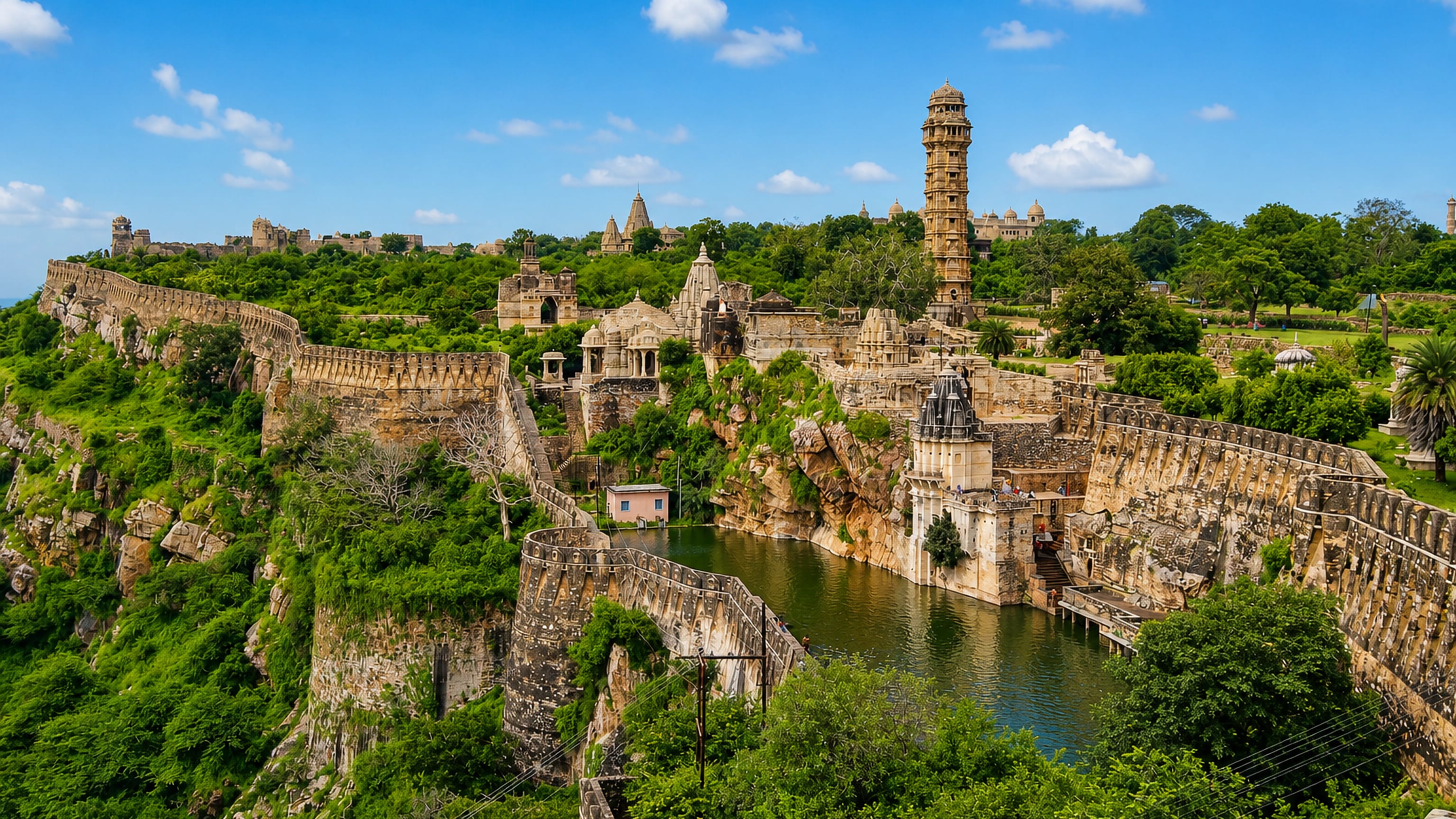 Chittorgarh Fort's ramparts, Vijay Stambh tower and Gaumukh reservoir above the green hills of Rajasthan.