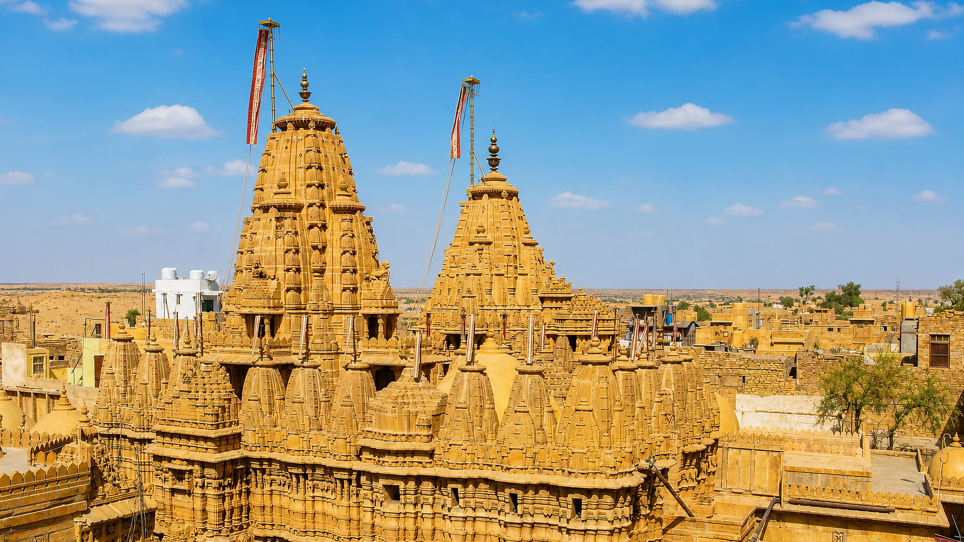 Carved golden sandstone Jain temple spires rising above the honey-coloured rooftops of Jaisalmer, Rajasthan.