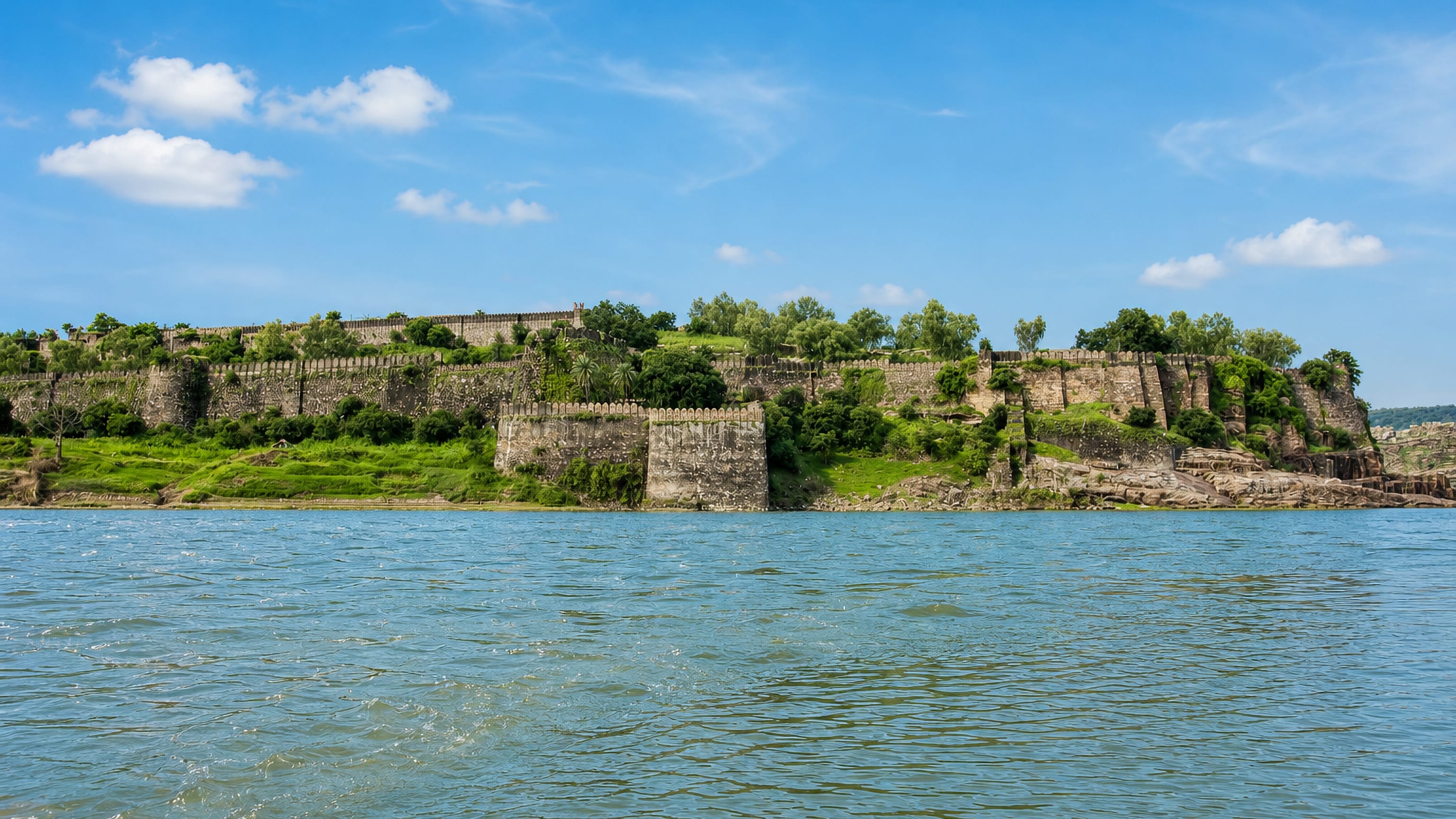 Stone fort ramparts on a wooded ridge above the river at Jhalawar, Rajasthan.