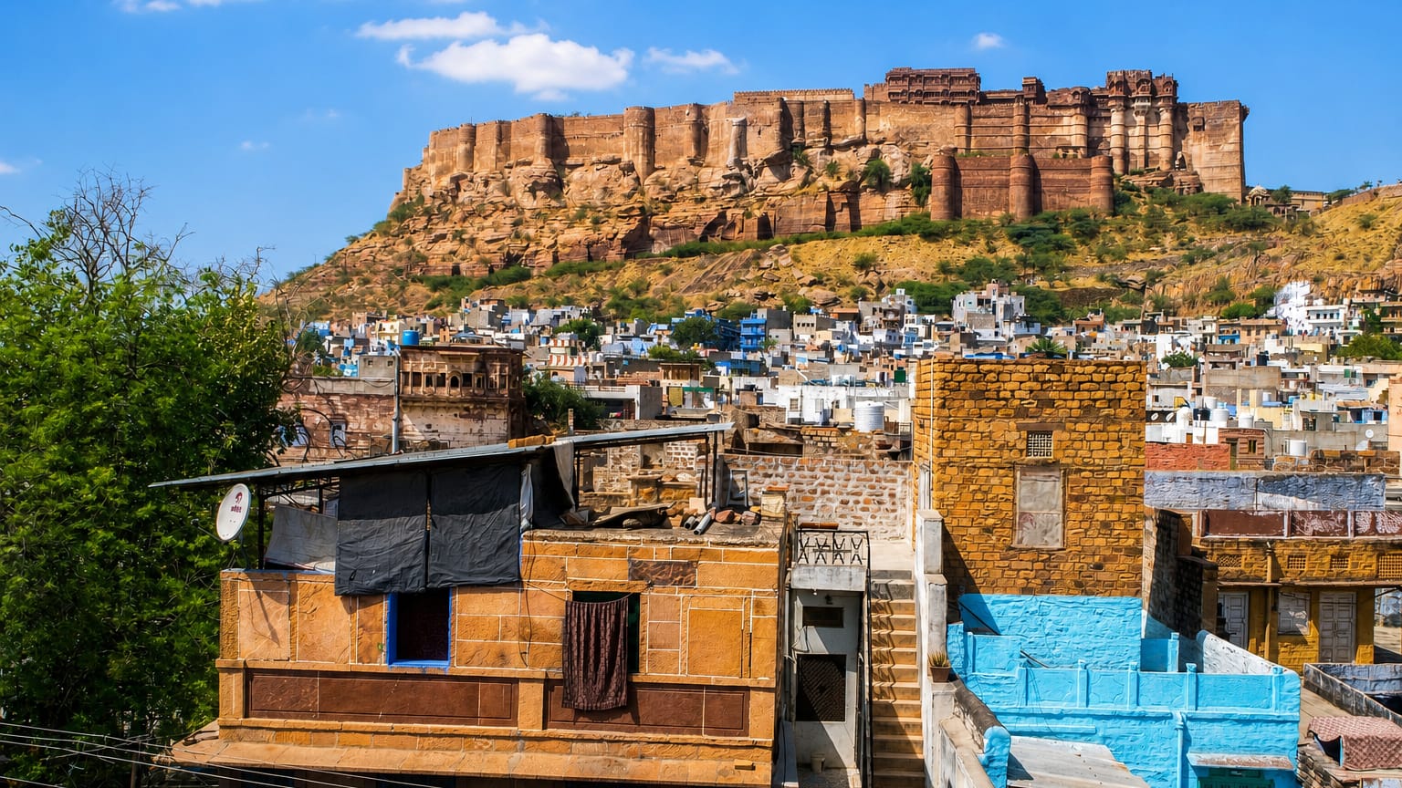 Mehrangarh Fort towers on its rocky hill above Jodhpur's blue-painted houses under a blue sky.
