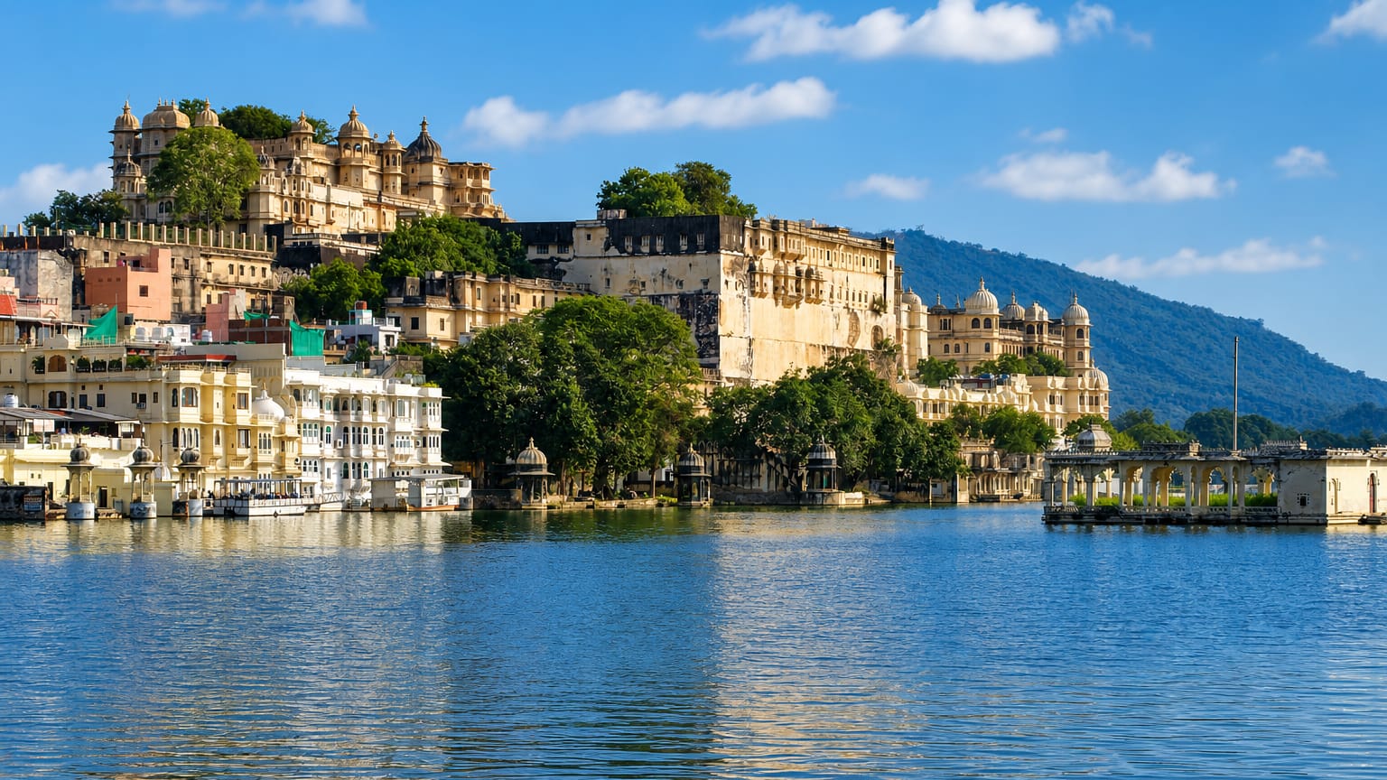 Udaipur's City Palace complex rising above Lake Pichola under a blue sky