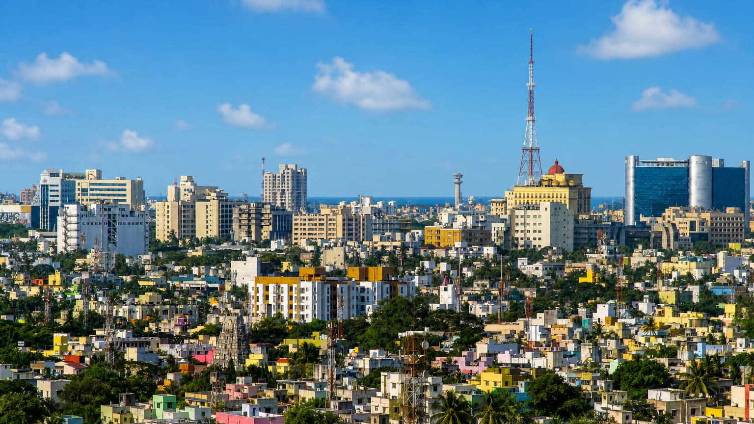 Chennai skyline with dense low-rise housing, palm trees and the Doordarshan lattice tower under a bright sky, sea on the horizon.
