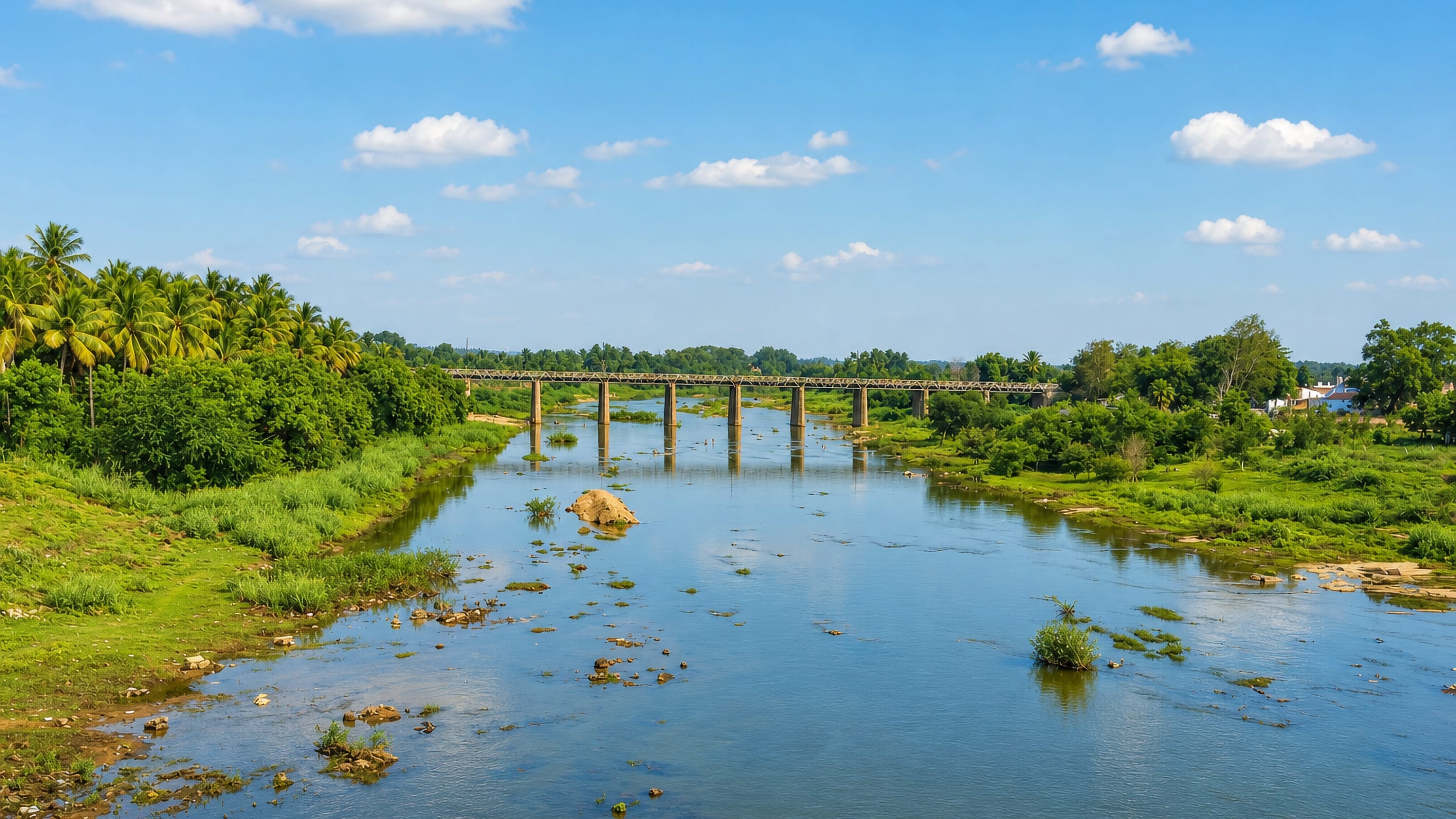 A shallow river winds past coconut groves beneath a long low road bridge at Dharapuram, Tamil Nadu.